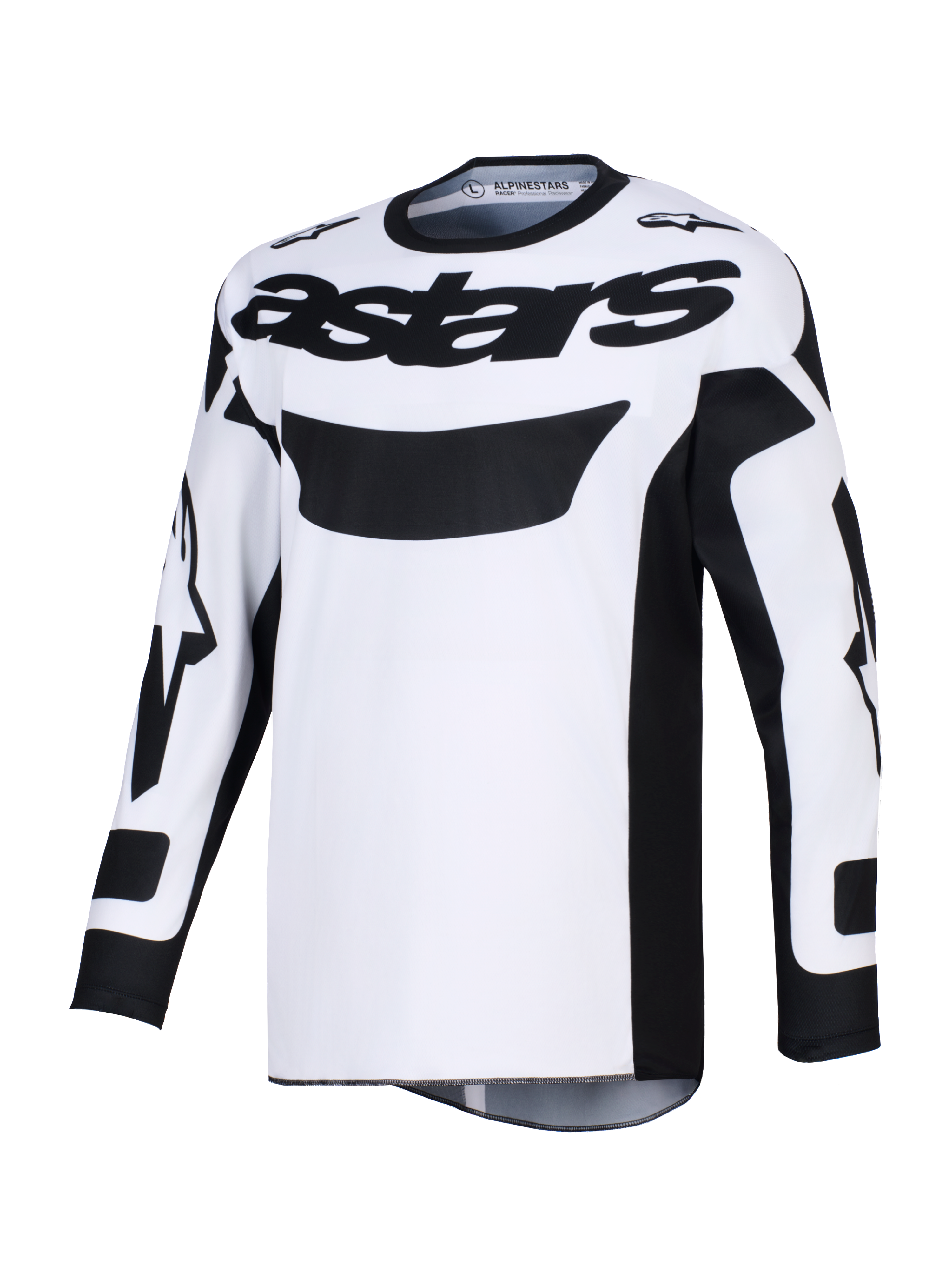 Alpinestars 2026 Racer Riway-tröja, motocrosströja, vit och svart, med framträdande svart 'astars'-logotyp över bröstet, fukttransporterande polytyg och ergonomisk tävlingspassform för terrängkörning