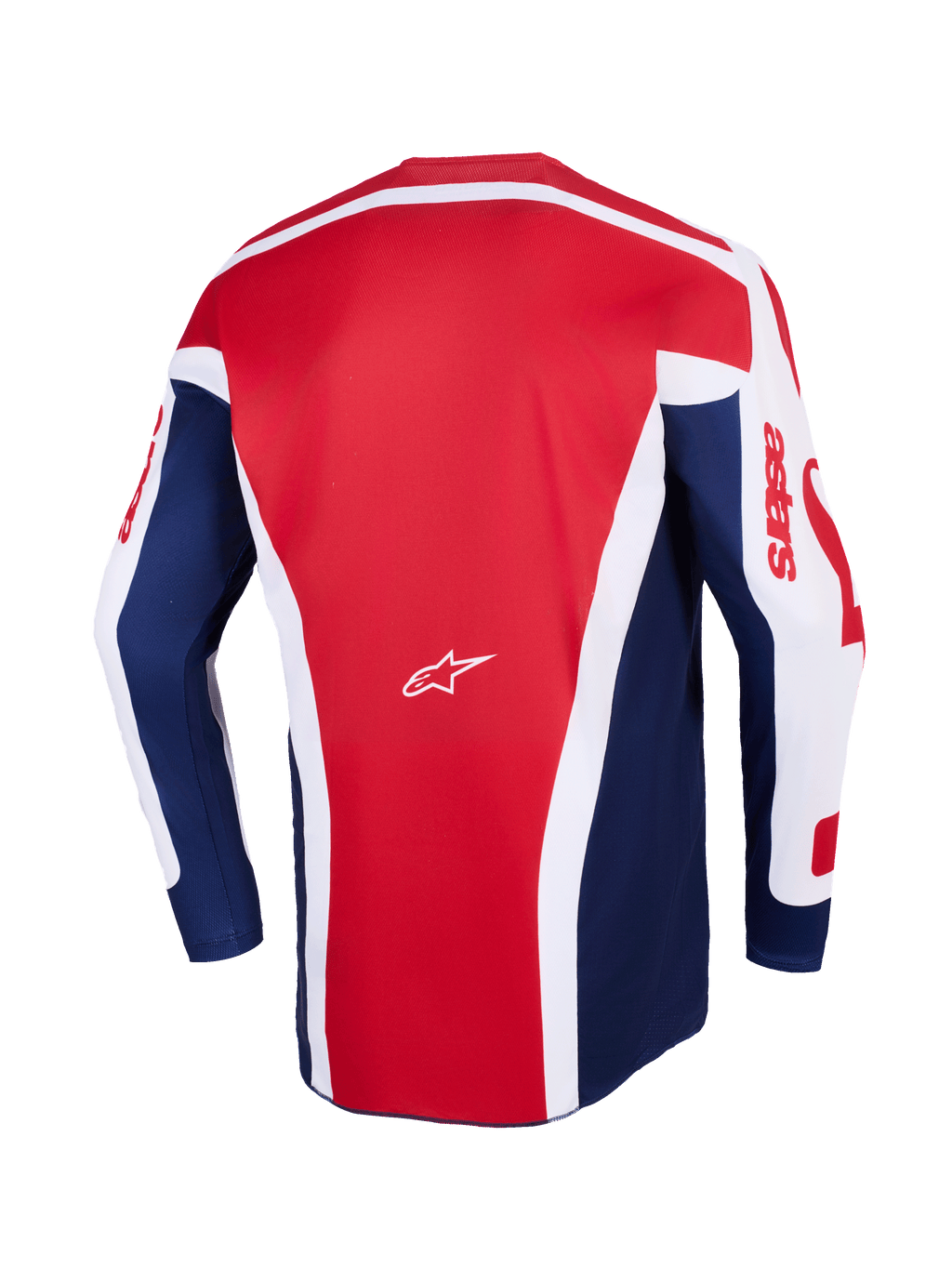 Alpinestars 2026 Racer Riway Jersey, motocrosströja, vit blå röd, baksida som visar en stor röd mittpanel med vita vinklade accenter, blå sidopaneler och vita ärmar med röd astars-grafik, samt en liten vit Alpinestars-logotyp i mitten.