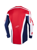 Alpinestars 2026 Racer Riway Jersey, motocrosströja, vit blå röd, baksida som visar en stor röd mittpanel med vita vinklade accenter, blå sidopaneler och vita ärmar med röd astars-grafik, samt en liten vit Alpinestars-logotyp i mitten.