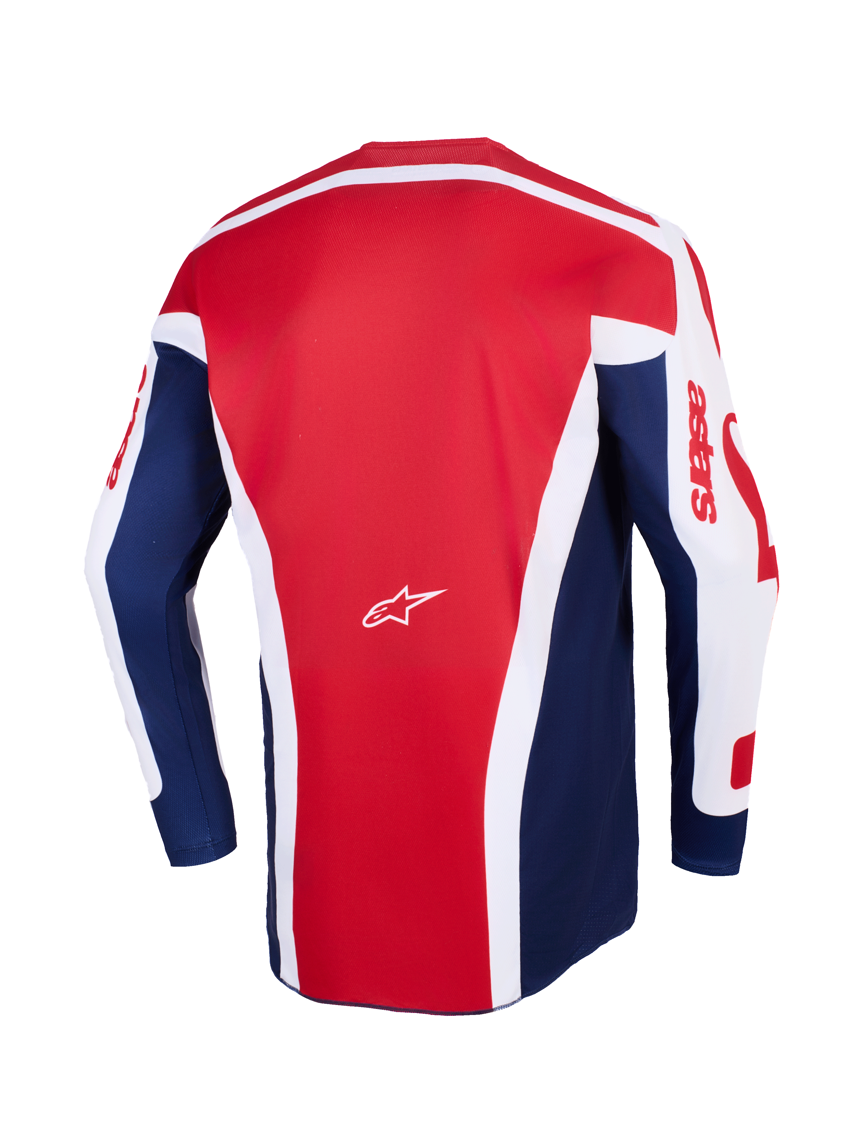 Alpinestars 2026 Racer Riway Jersey, motocrosströja, vit blå röd, baksida som visar en stor röd mittpanel med vita vinklade accenter, blå sidopaneler och vita ärmar med röd astars-grafik, samt en liten vit Alpinestars-logotyp i mitten.