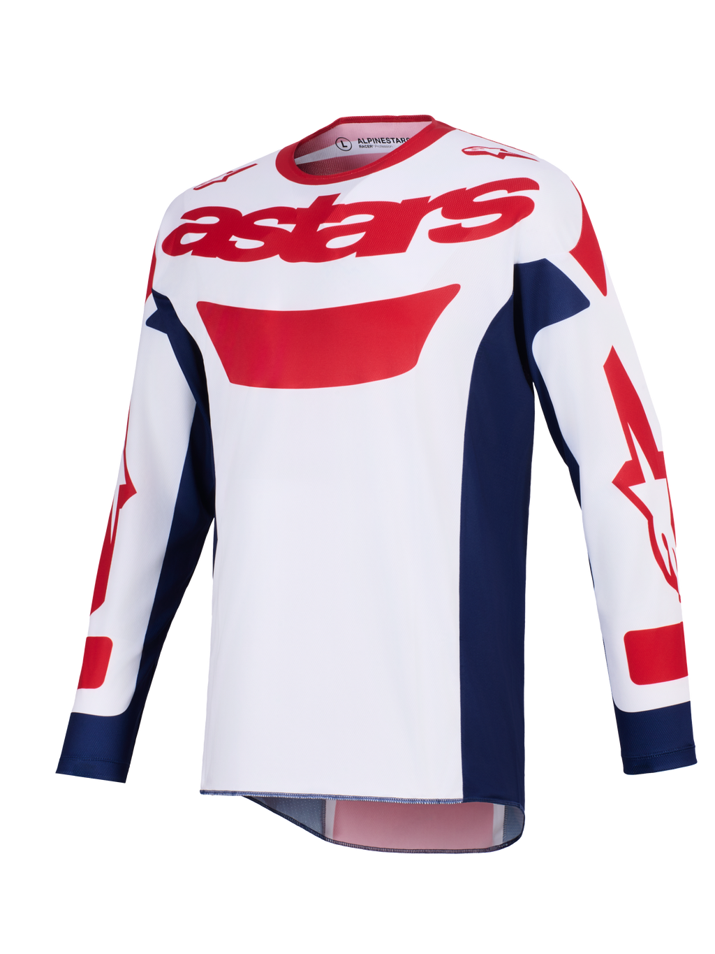 Alpinestars 2026 Racer Riway tröja, motocrosströja, vit, blå och röd, röd astars-logotyp på bröstet, marinblå sidopaneler, långa ärmar med röd grafik, funktionell utrustning för terrängkörning