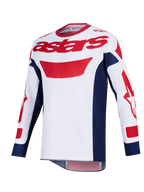 Alpinestars 2026 Racer Riway tröja, motocrosströja, vit, blå och röd, röd astars-logotyp på bröstet, marinblå sidopaneler, långa ärmar med röd grafik, funktionell utrustning för terrängkörning