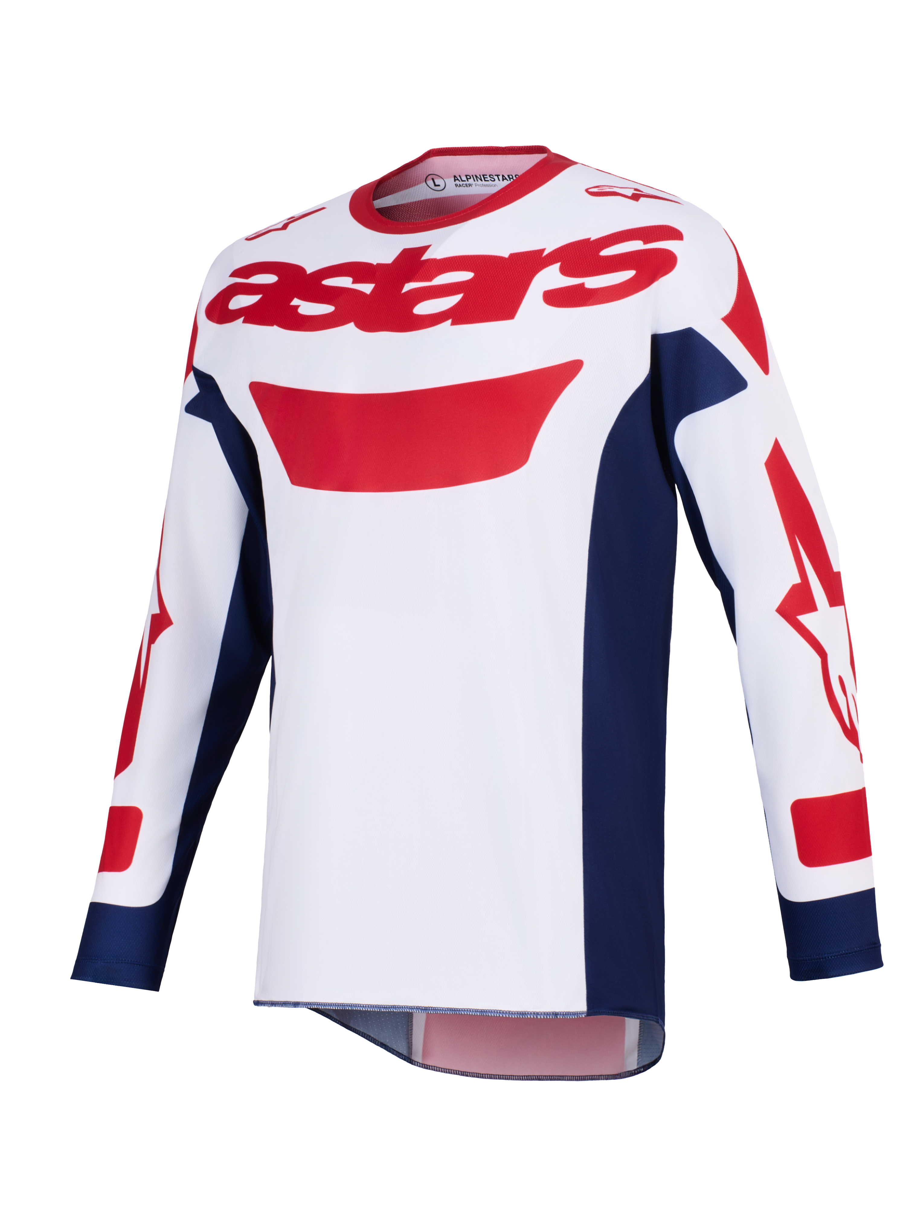 Alpinestars 2026 Racer Riway tröja, motocrosströja, vit, blå och röd, röd astars-logotyp på bröstet, marinblå sidopaneler, långa ärmar med röd grafik, funktionell utrustning för terrängkörning