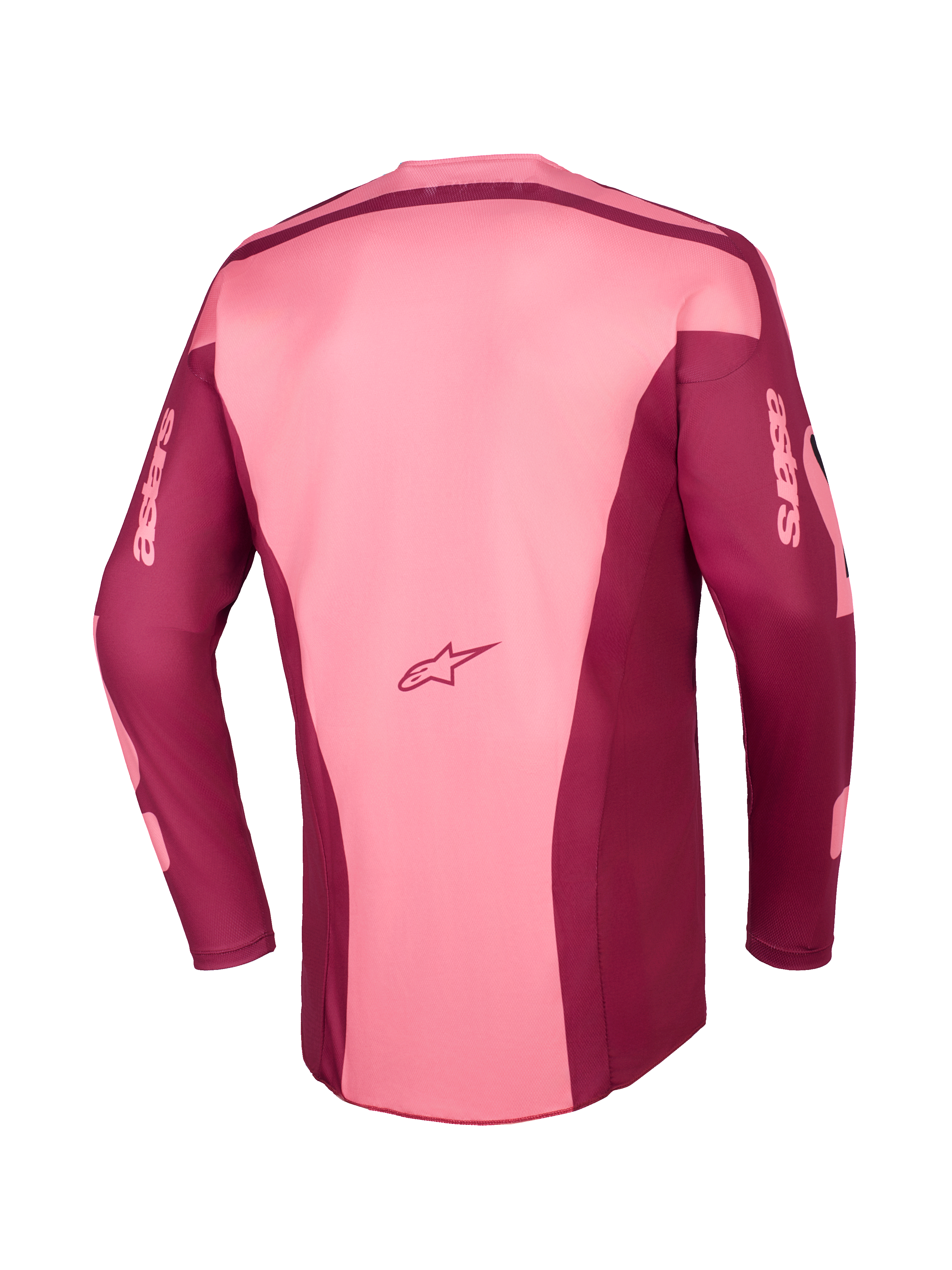 Alpinestars 2026 Racer Riway-tröja, motocrosströja, Dark Red Coral, baksida som visar flerpanelskonstruktion, Astars-logotyp på nedre ryggen och astars-märkning på långa ärmar, prestandautrustning för terrängkörning