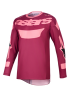Alpinestars 2026 Racer Riway tröja, motocrosströja, mörkröd korall, med ljusrosa "astars"-text på bröstet och grafiska detaljer på ärmarna, långärmad teknisk körutrustning för offroad-prestanda