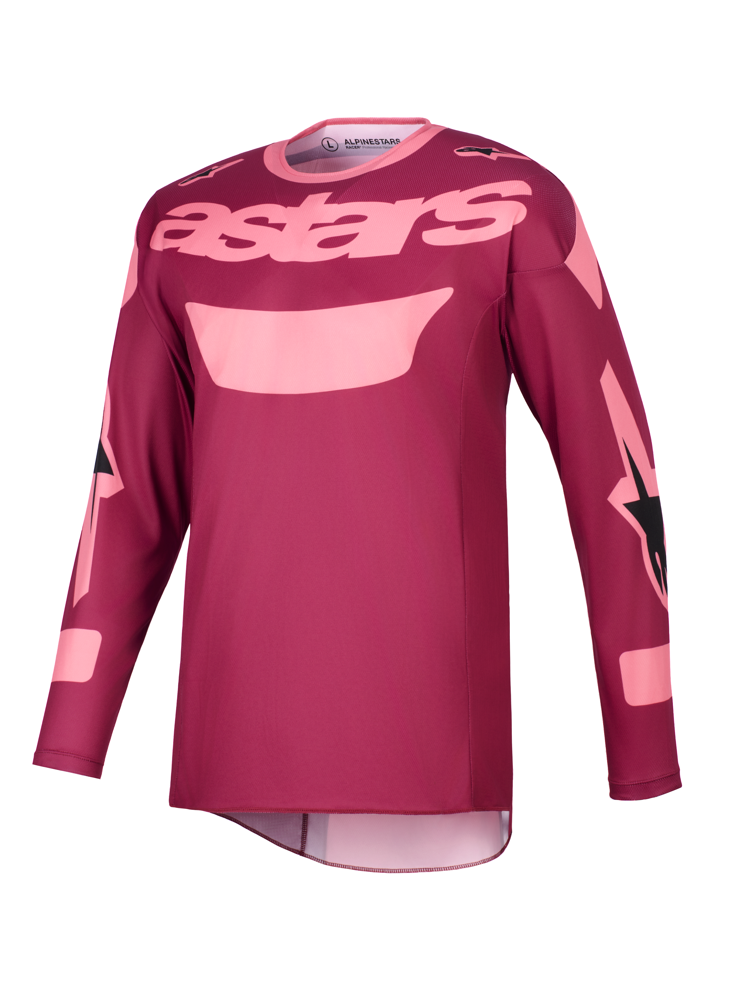 Alpinestars 2026 Racer Riway tröja, motocrosströja, mörkröd korall, med ljusrosa "astars"-text på bröstet och grafiska detaljer på ärmarna, långärmad teknisk körutrustning för offroad-prestanda