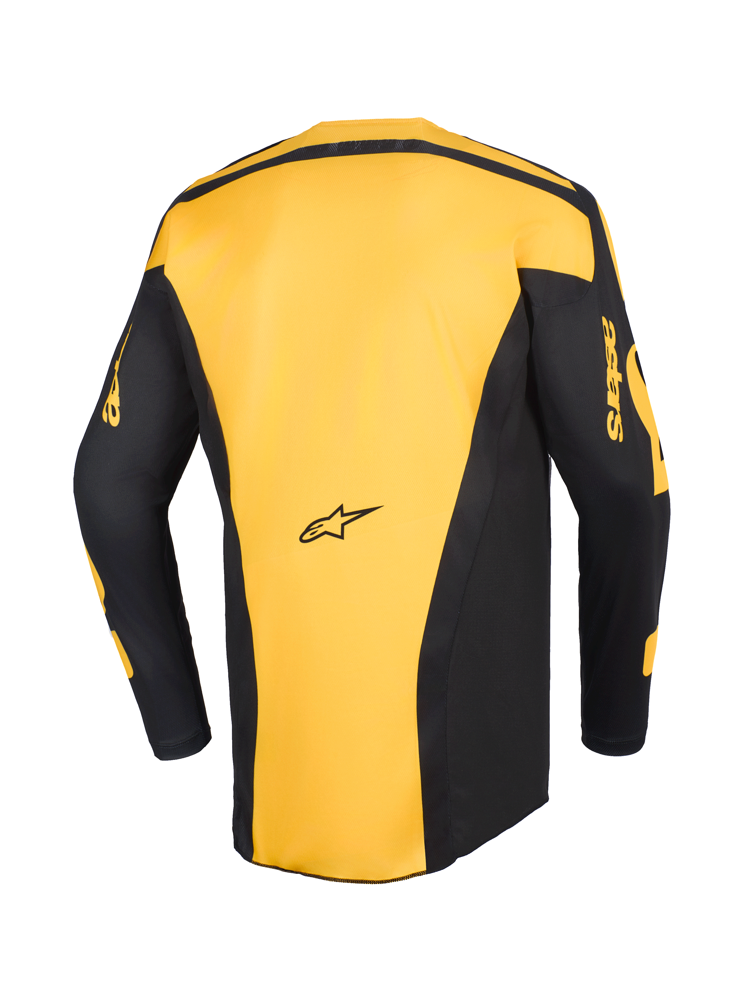 Alpinestars 2026 Racer Riway Jersey, Motocross Jersey, Yellow and Black, back view showing yellow center panel and black sleeves with yellow 'astars' branding, ergonomic design for off-road racing.