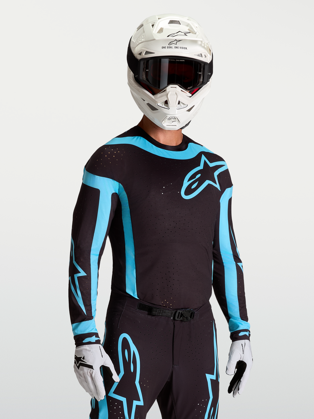 Alpinestars Supertech Vesta tröja, svart och turkos motocross-tröja för herr med laserutskurna ventiler och racingpassform.