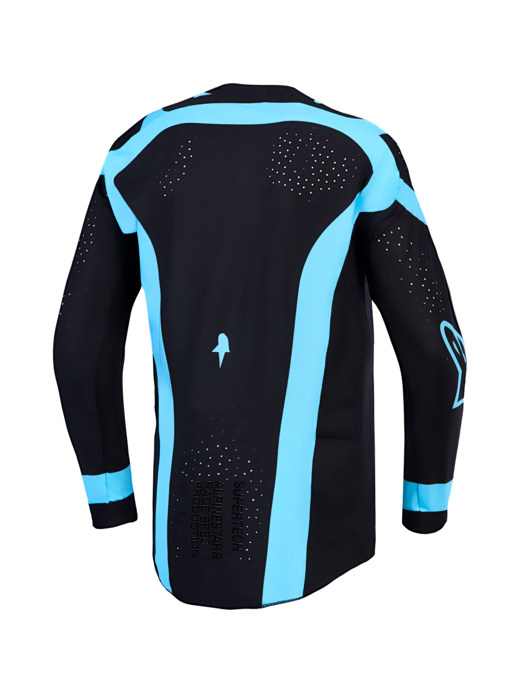 Alpinestars Supertech Vesta tröja, svart och turkos motocrosströja för herr, vy bakifrån med laserutskuren ventilation.