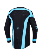 Alpinestars Supertech Vesta tröja, svart och turkos motocrosströja för herr, vy bakifrån med laserutskuren ventilation.