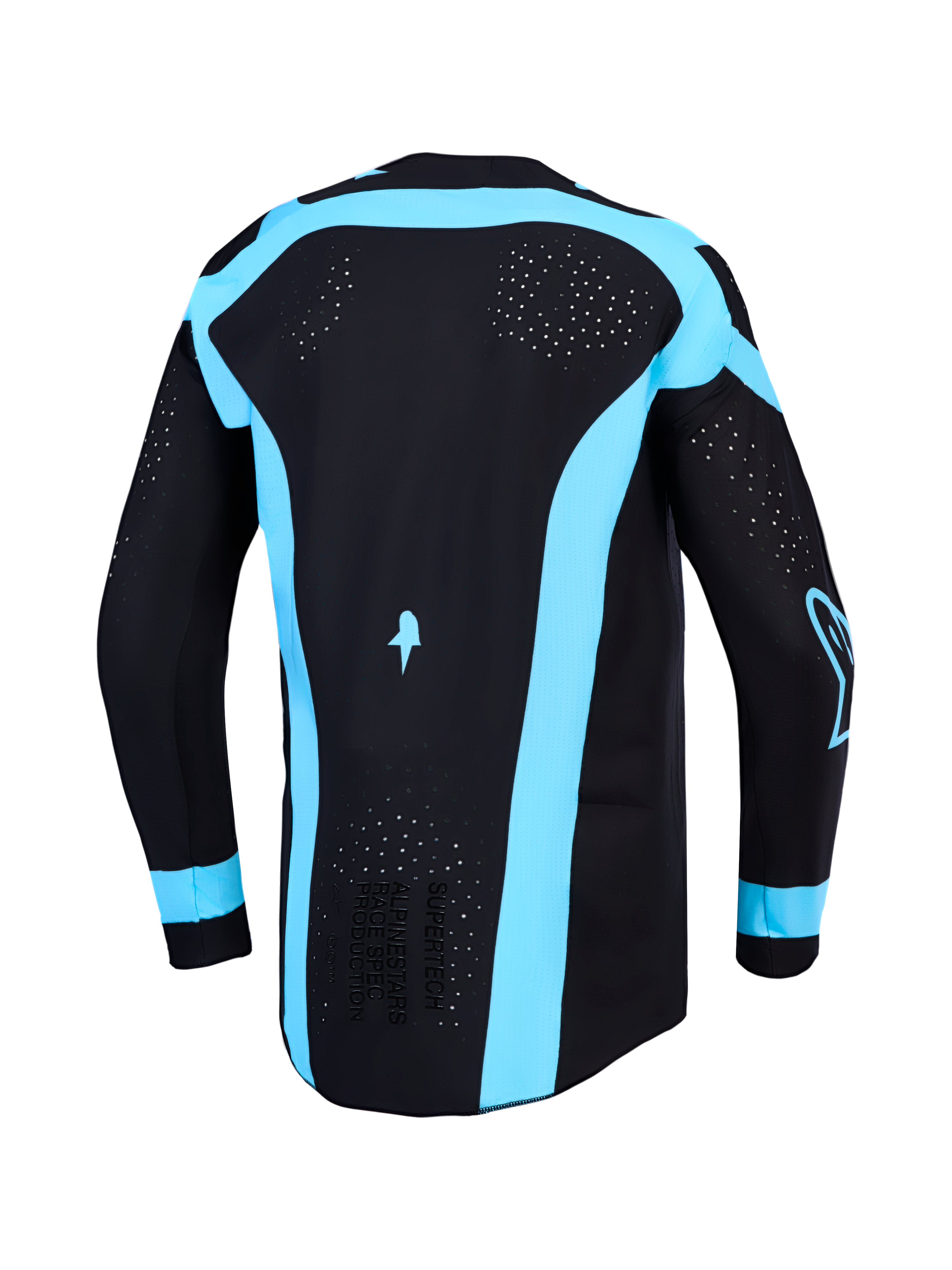 Alpinestars Supertech Vesta tröja, svart och turkos motocrosströja för herr, vy bakifrån med laserutskuren ventilation.