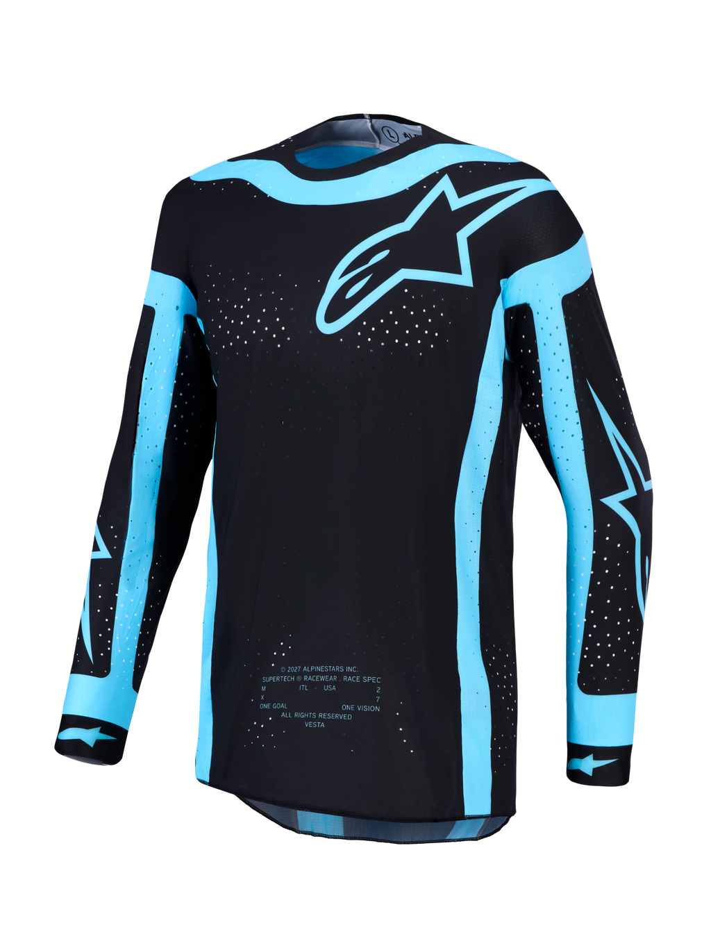 Alpinestars Supertech Vesta tröja AND Supertech Vesta Gear Set, svart och turkos motocrosströja med laserskuren ventilation.