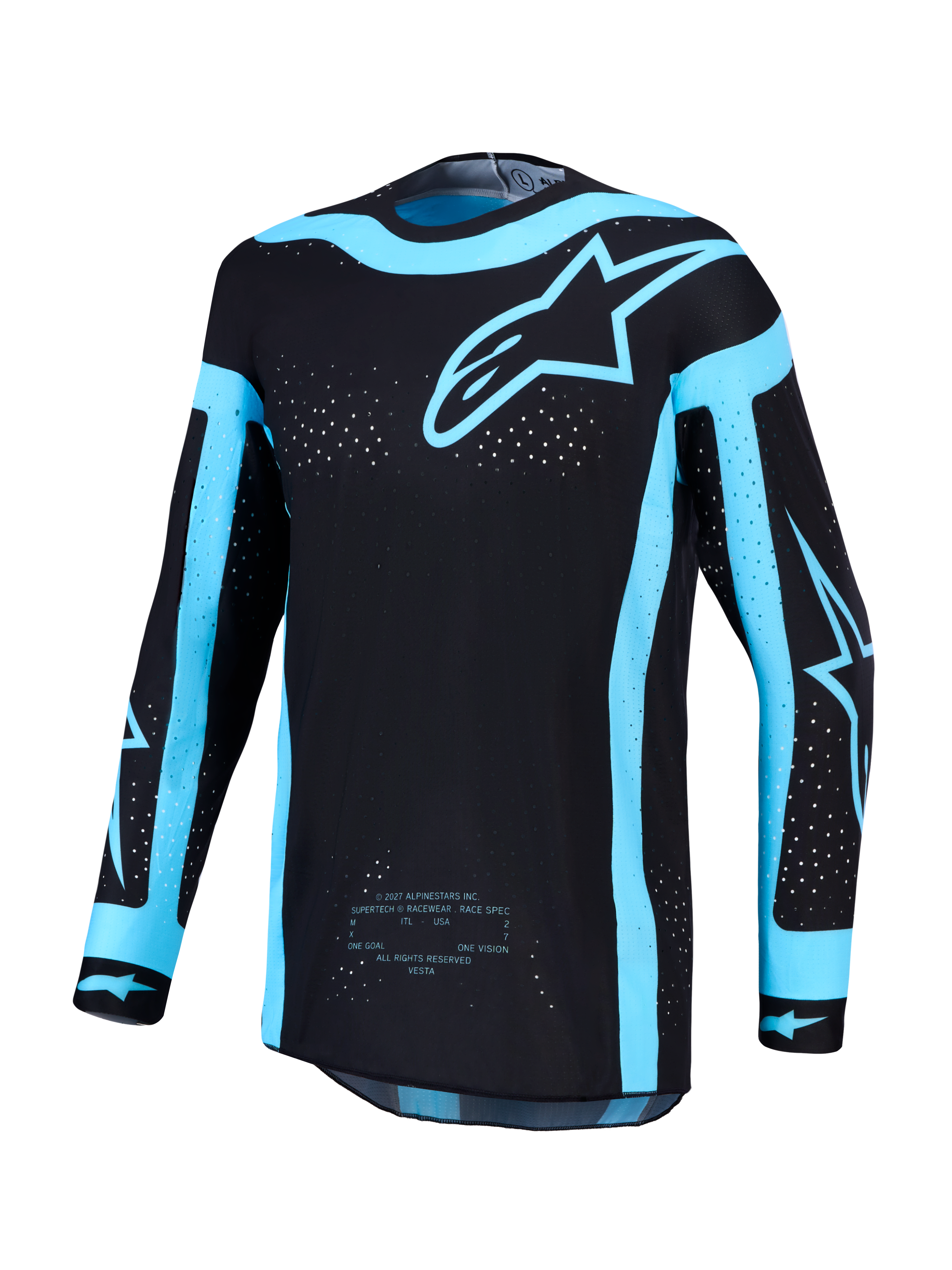Alpinestars Supertech Vesta tröja AND Supertech Vesta Gear Set, svart och turkos motocrosströja med laserskuren ventilation.