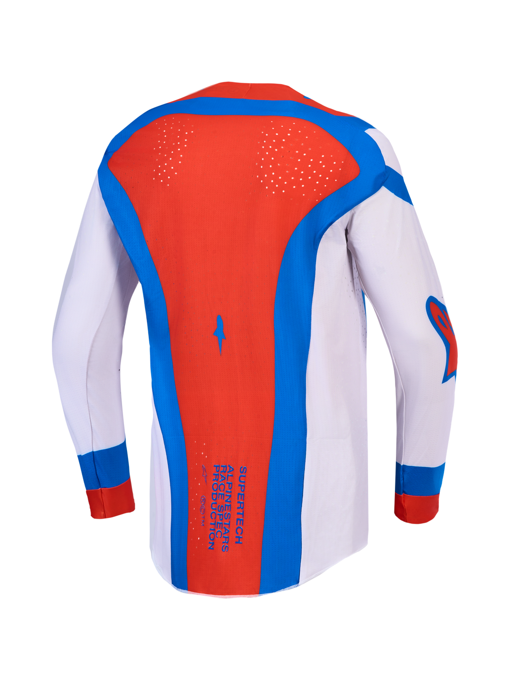 Alpinestars Supertech Vesta tröja, ljuslila och röd motocrosströja för herr, vy bakifrån med laserskuren ventilation
