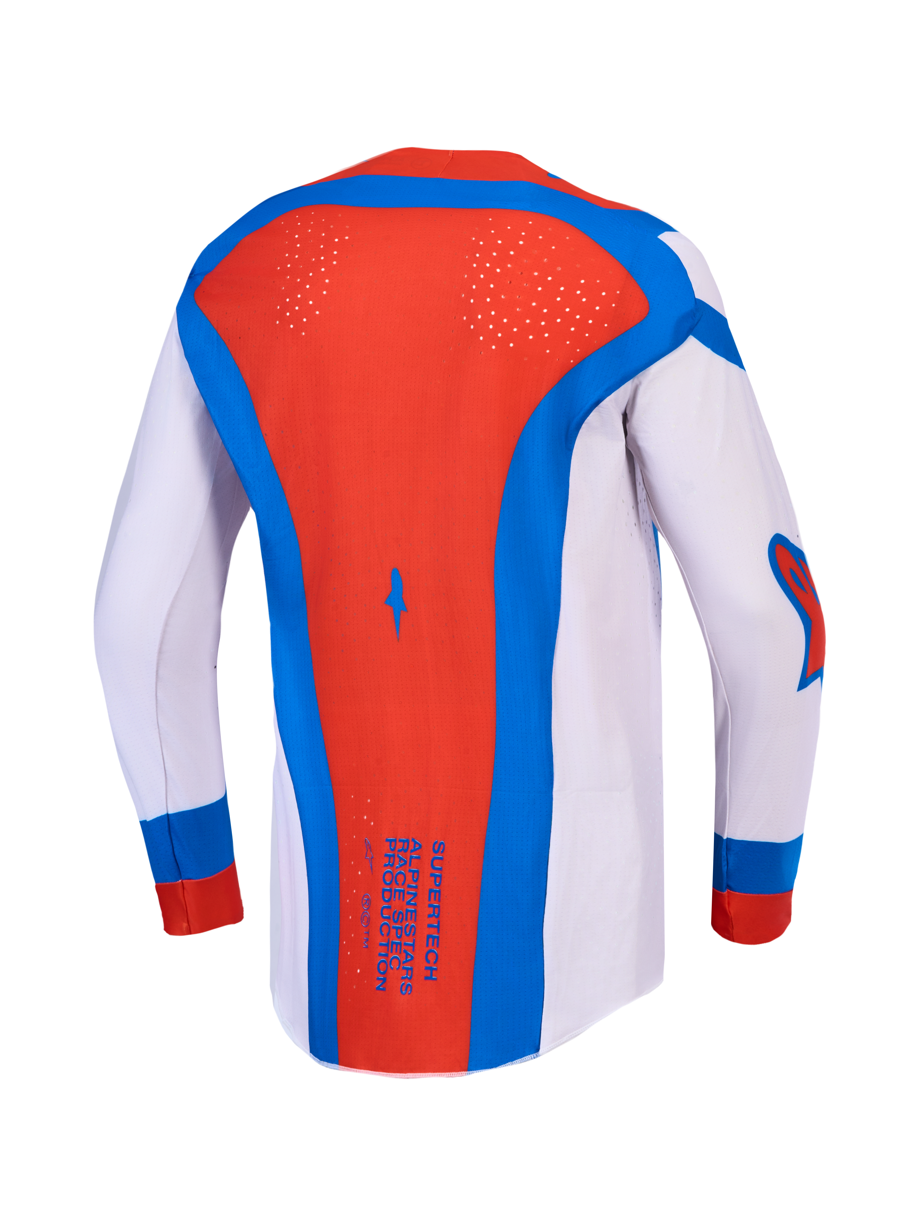 Alpinestars Supertech Vesta tröja, ljuslila och röd motocrosströja för herr, vy bakifrån med laserskuren ventilation