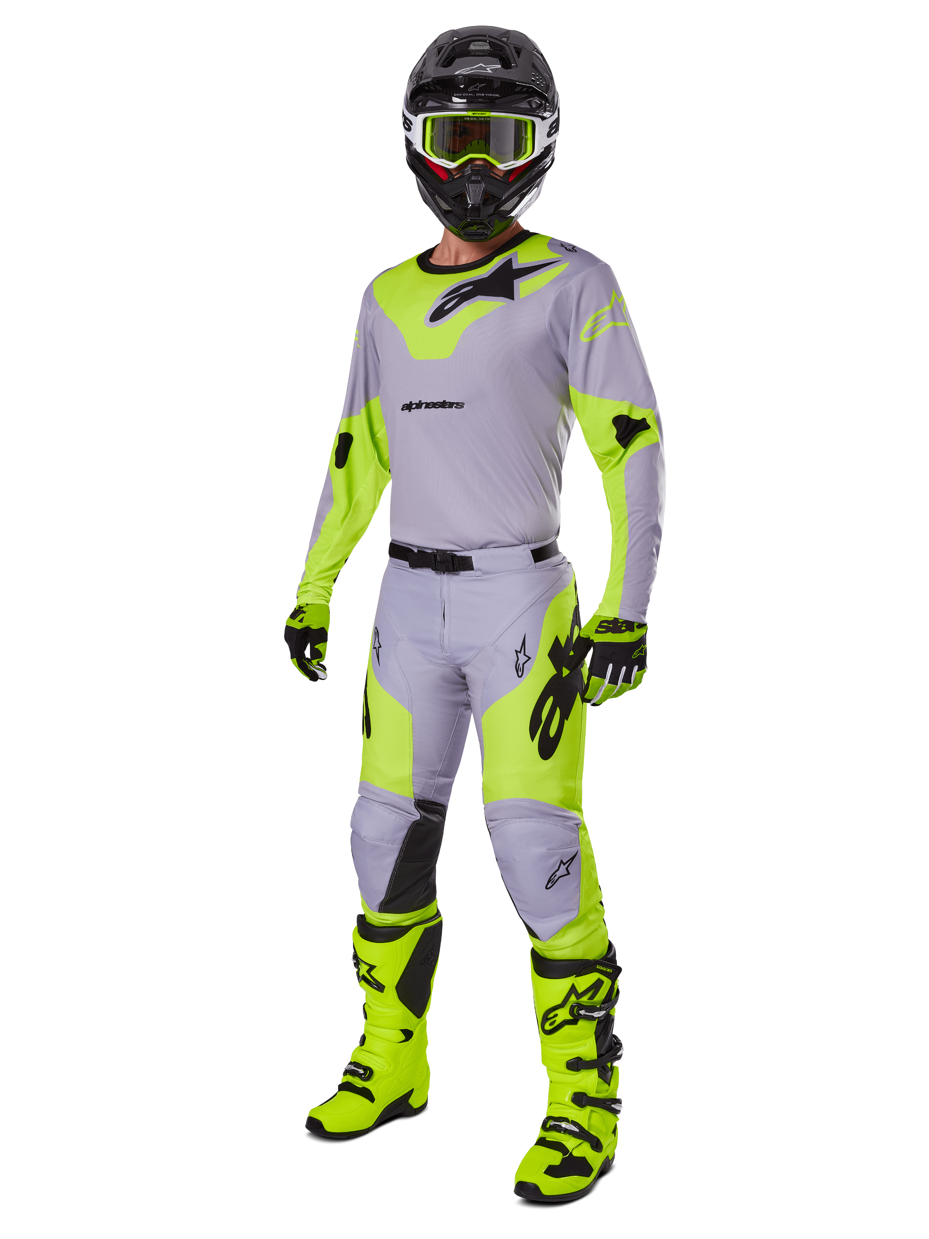 Alpinestars 2025 Racer Veil Gear Set, complete motocross outfit, Gray and Neon Yellow Fluo, featuring jersey, pants, helmet, goggles, gloves, and boots with black accents, professional racing gear for off-road performance.