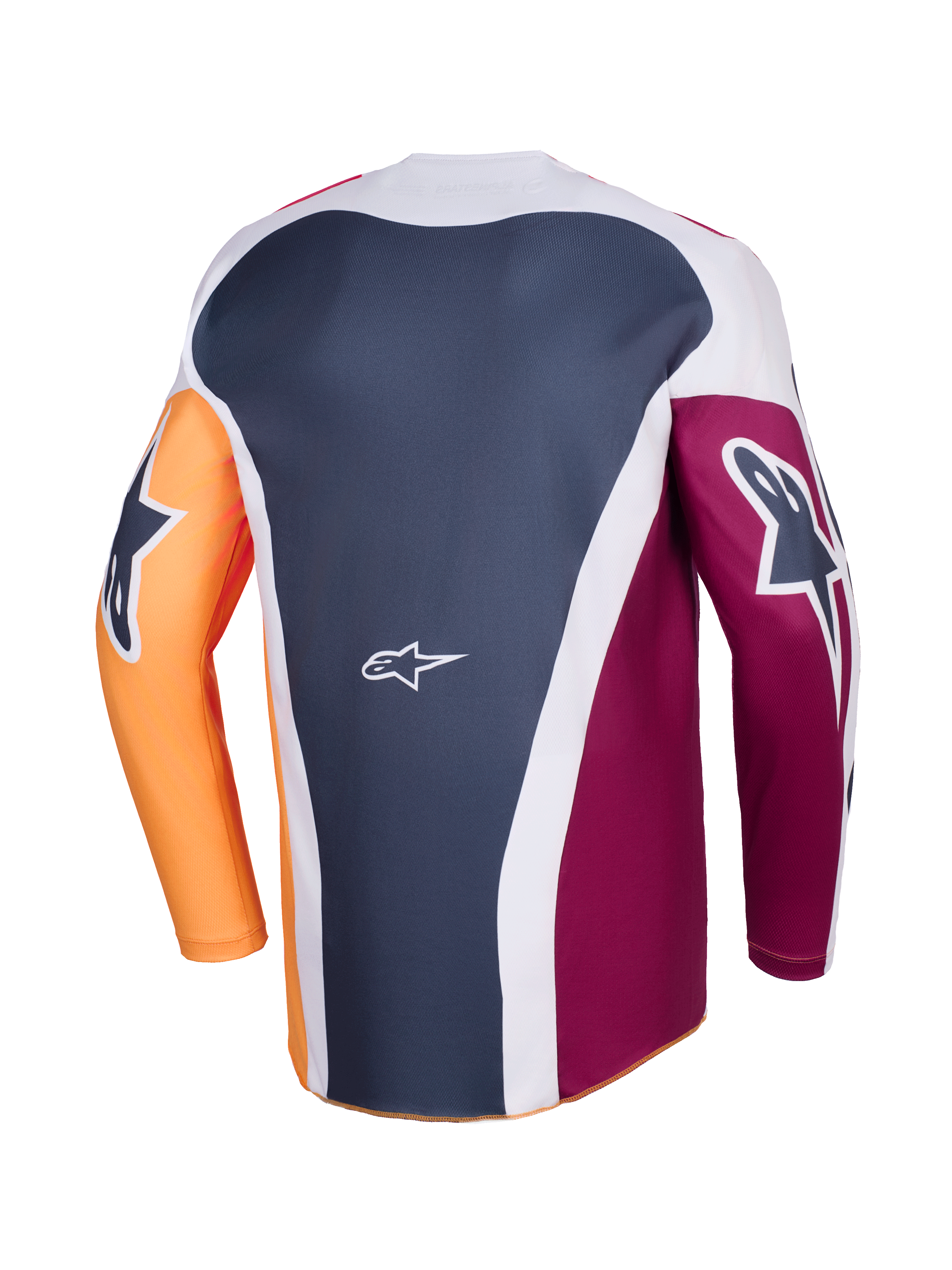 Alpinestars 2026 Racer Portl-tröja, motocrosströja, röd, orange och mörkgrå, vy bakifrån som visar flerpanelskonstruktion, vit Alpinestars-logotyp på nedre delen av ryggen, framträdande grafiska logotyper på de långa ärmarna, prestandautrustning för terrängkörning