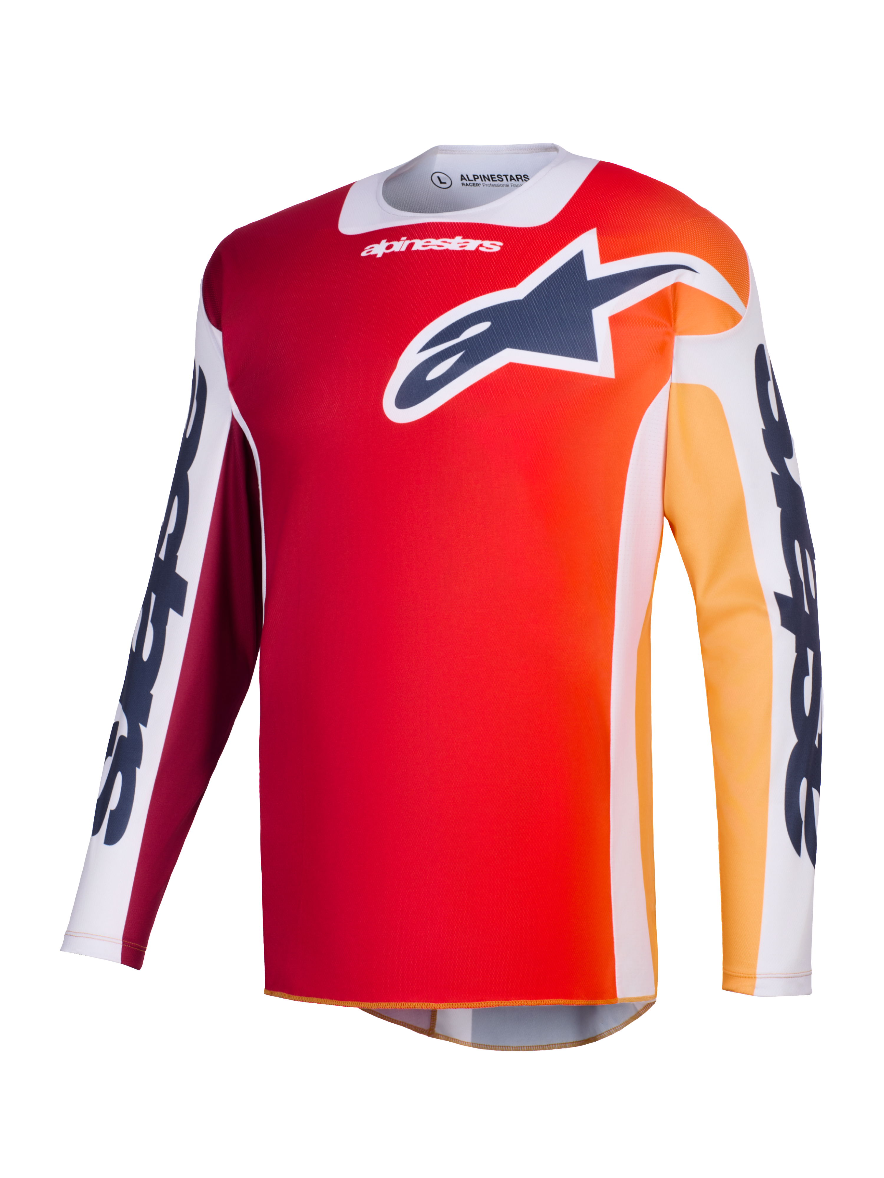 Alpinestars 2026 Racer Portl-tröja, motocrosströja, röd med orange och gul färgövergång, mörkblå Astar-logotyp på bröstet, vita ärmpaneler med tydlig Alpinestars-grafik, teknisk funktionsutrustning för terrängkörning