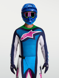Alpinestars Techstar Maven tröja, blå och grön motocrosströja med rosa stjärnlogotyp och atletisk tävlingspassform.