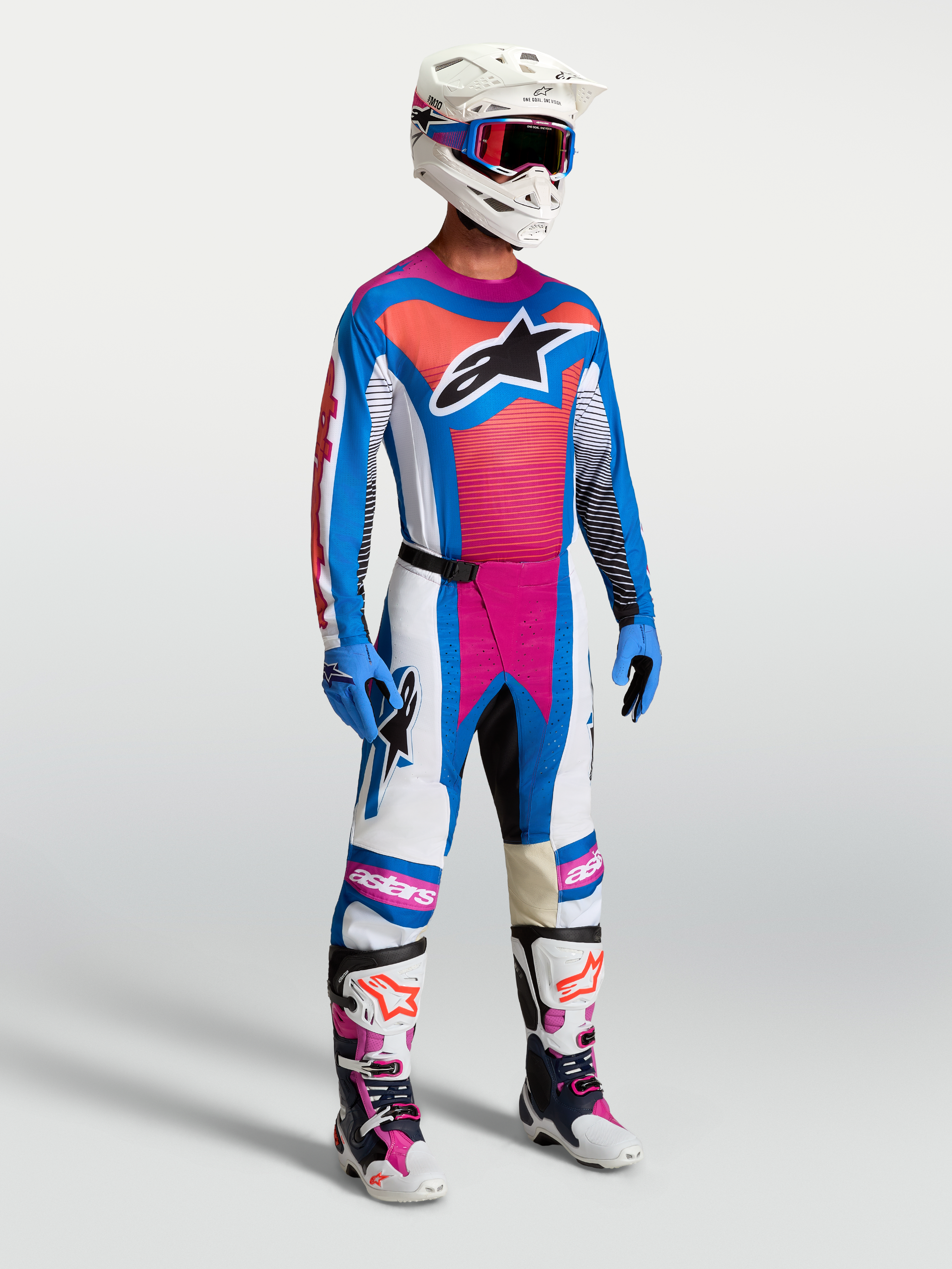 Alpinestars Techstar Maven tröja och utrustningsset, blå och korall motocrossutrustning för herrar med atletisk passform.