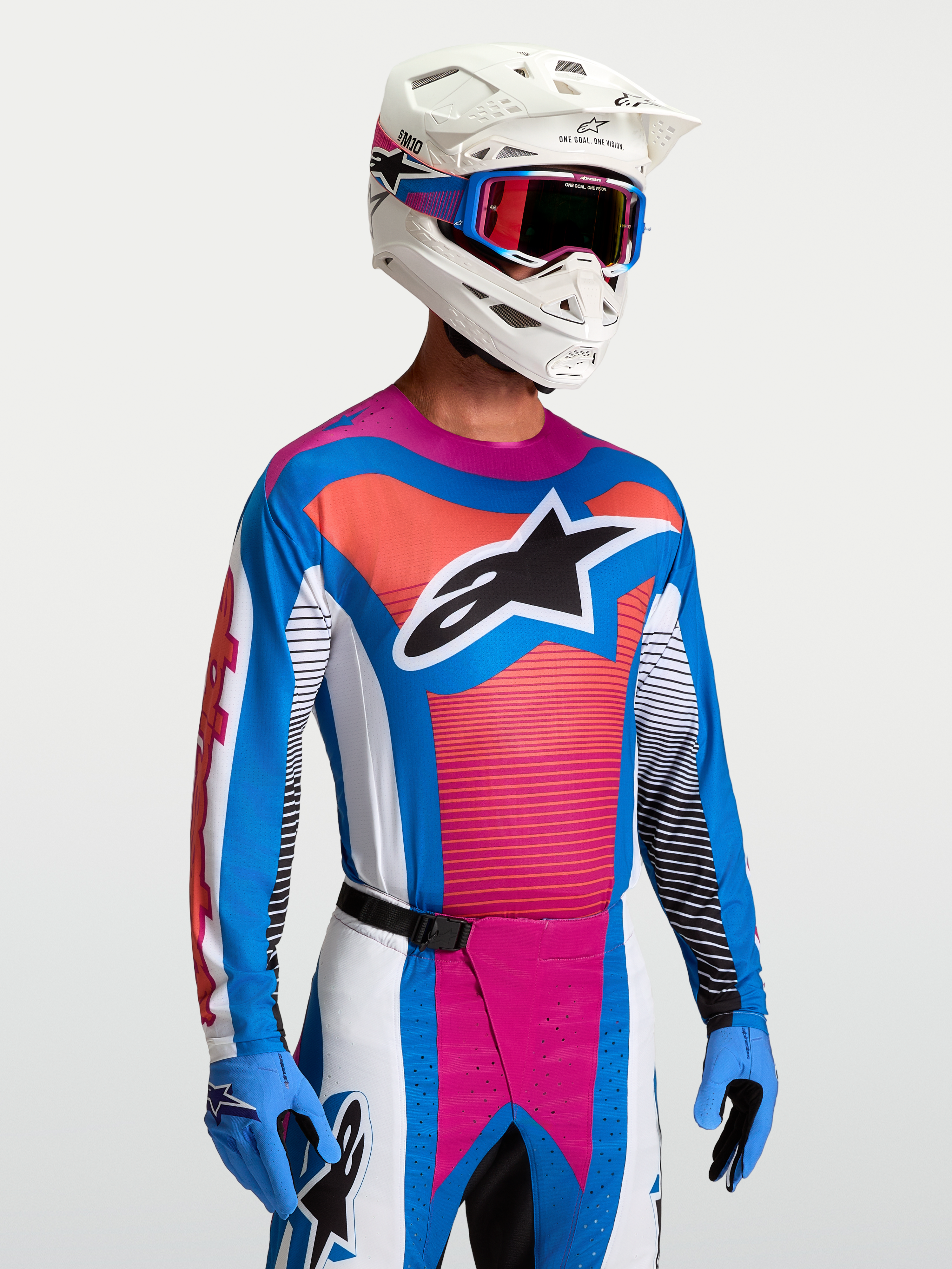 Alpinestars Techstar Maven Jersey, Men's Motocross Jersey in Blithe Blue and Hot Coral, featuring a lightweight athletic fit.