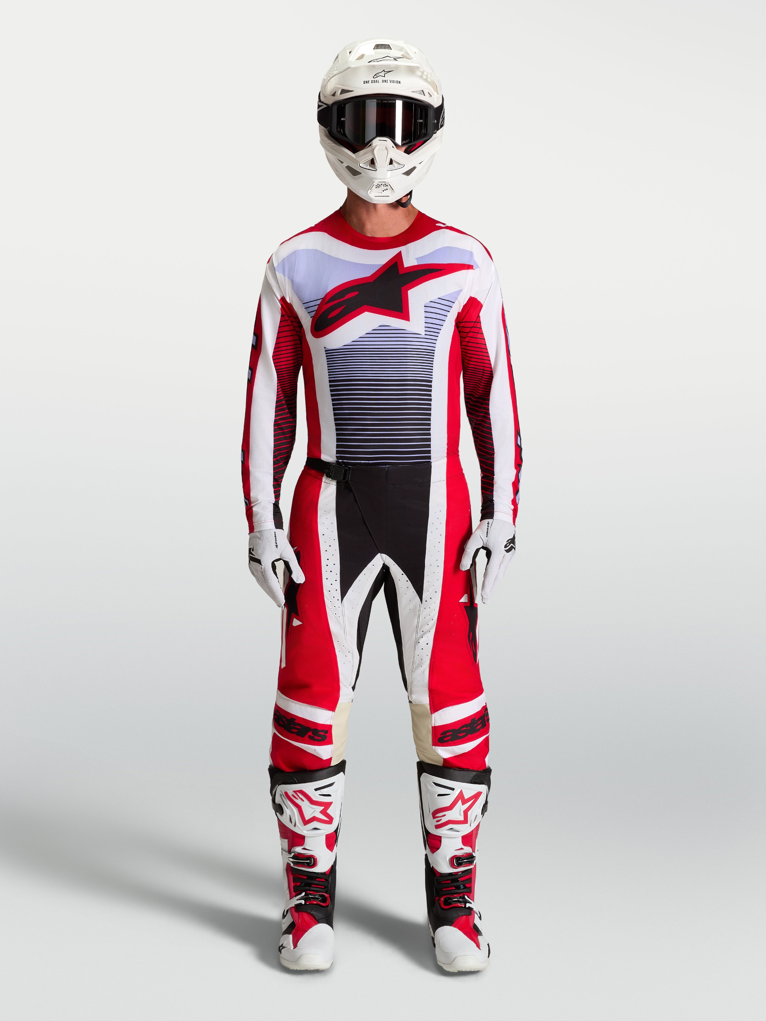 Alpinestars Techstar Maven utrustningsset, röd och vit motocross-outfit för herrar med atletisk tävlingspassform