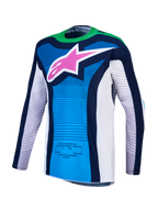 Alpinestars Techstar Maven Jersey, blithe blue and green fluo motocross jersey, featuring an athletic race fit, moisture-wicking stretch textile, and laser-cut ventilation.