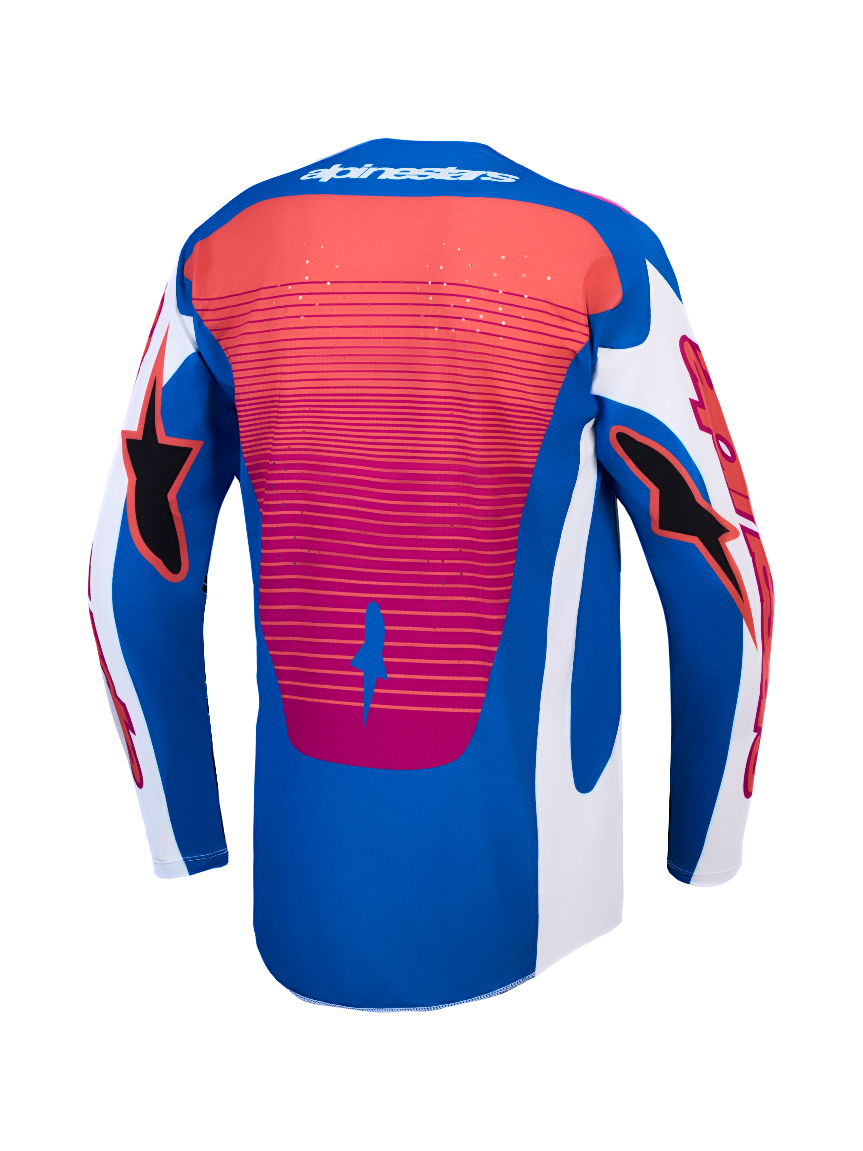 Alpinestars Techstar Maven tröja, vy bakifrån, blå och röd motocrosströja med laserskuren ventilation och atletisk passform.