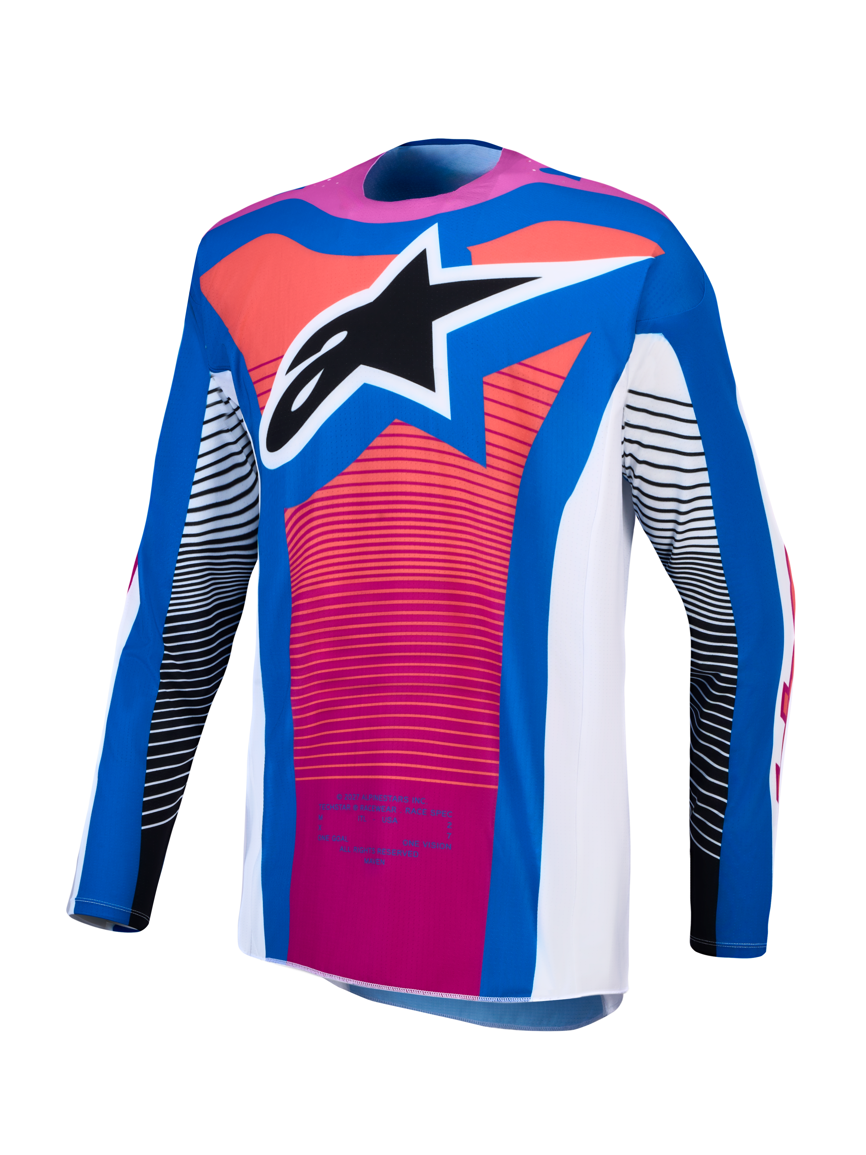 Alpinestars Techstar Maven tröja, blå och rosa motocrosströja för tävling med atletisk passform och framträdande stjärnlogotyp.