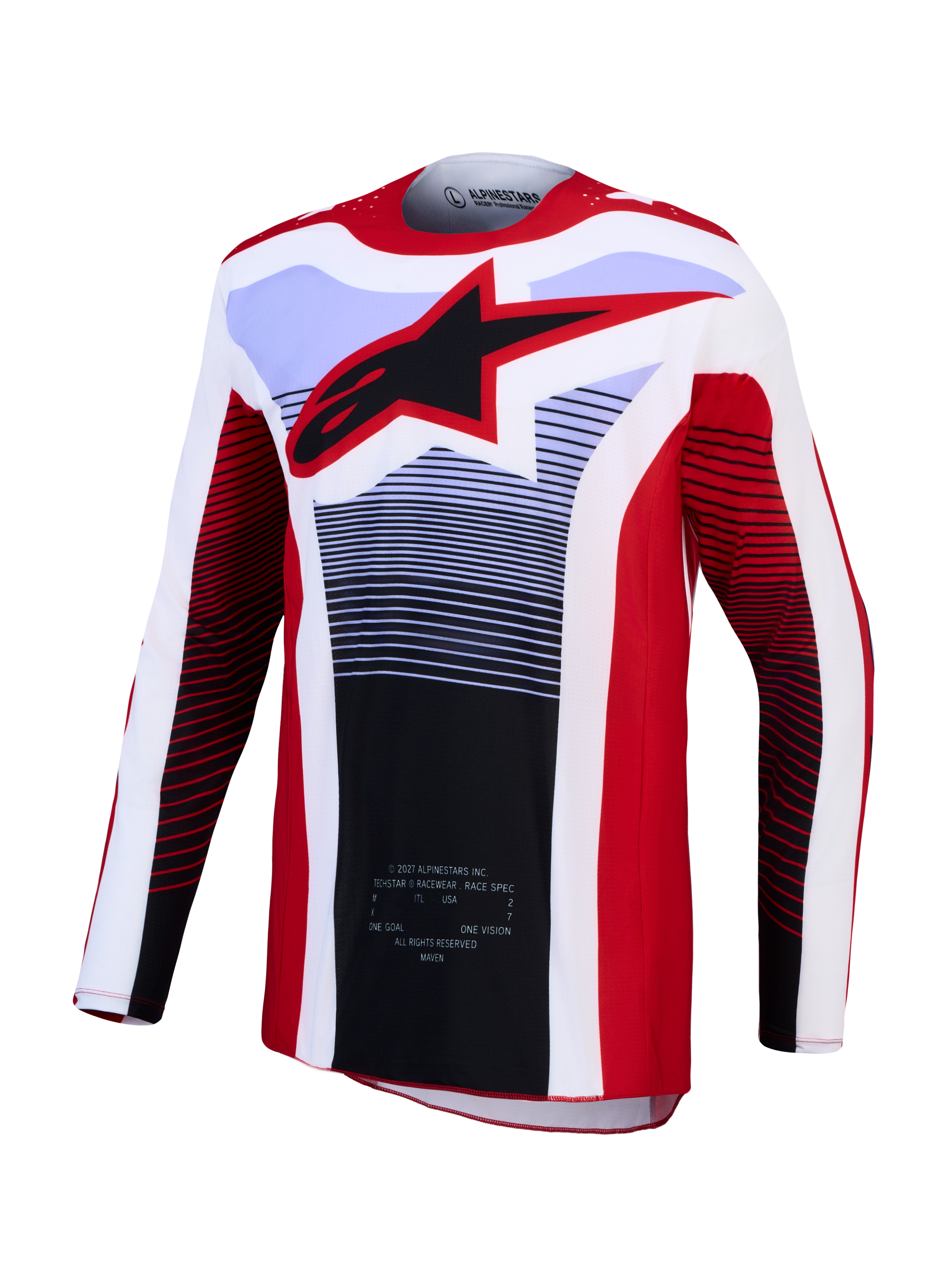 Alpinestars Techstar Maven Jersey, Red and White Motocross Racing Jersey with Black Star Logo and Breathable Fabric.