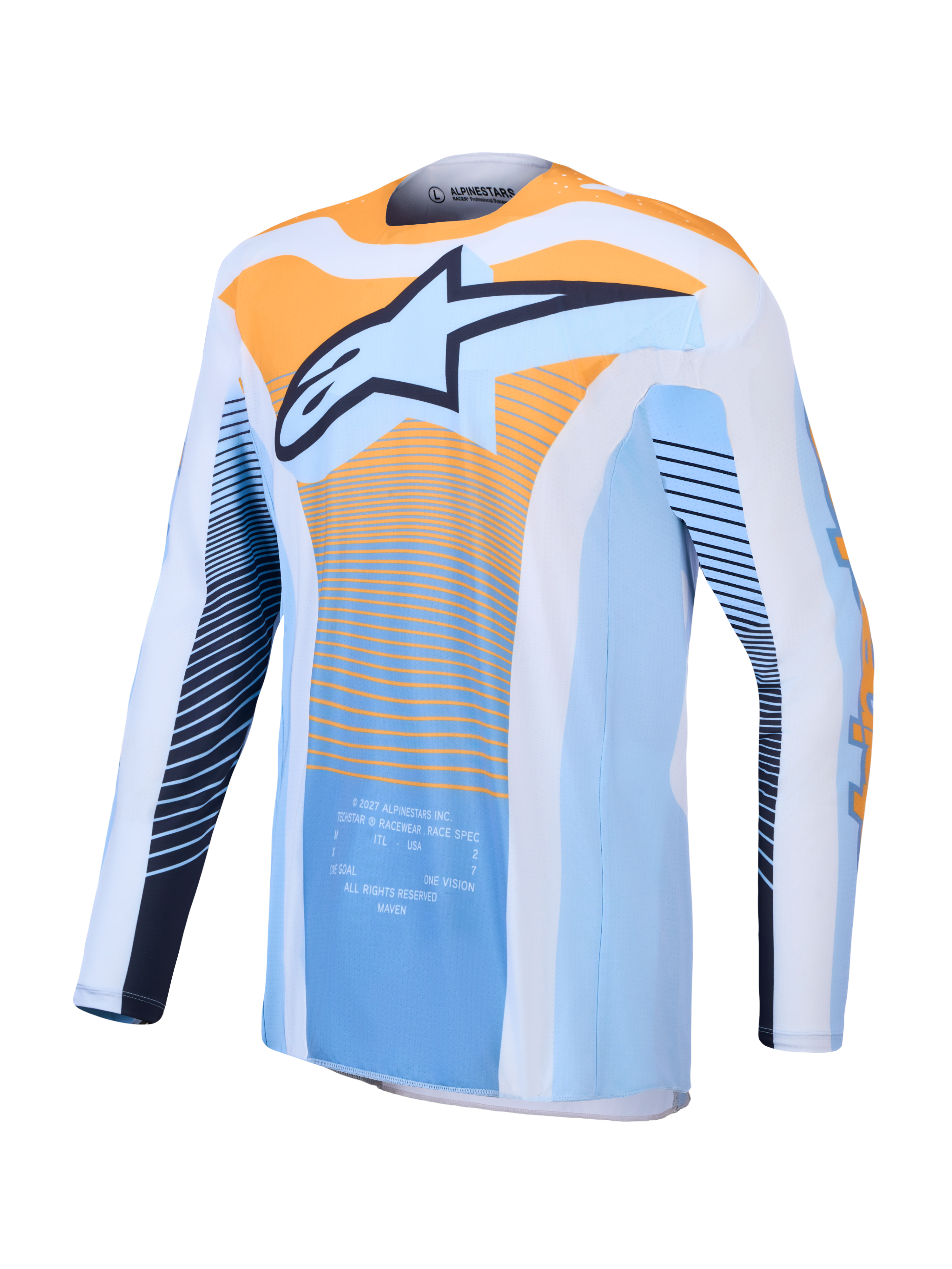 Alpinestars Techstar Maven Jersey, Dust Blue and Tangerine motocross racing jersey with moisture-wicking fabric and athletic fit.