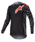 Alpinestars 2023 Supertech North Jersey, Motocross Jersey, Black and Neon Red, long sleeves with white speckle pattern, red and white star logos on chest and shoulders, lightweight performance mesh with athletic race fit