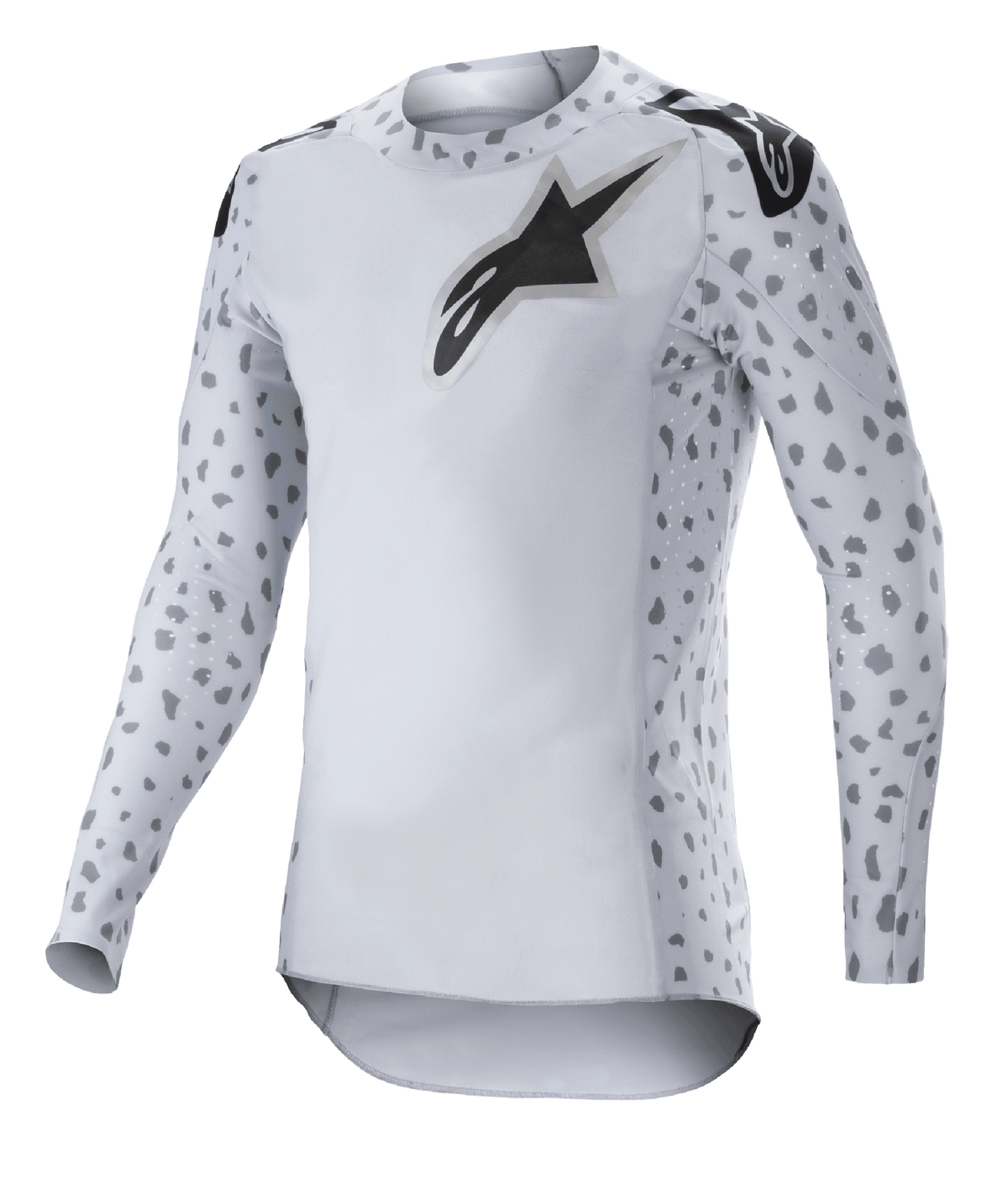Alpinestars 2023 Supertech North Jersey, Motocross Jersey, Haze Gray and Black, white long-sleeve jersey with gray spotted pattern on sleeves and sides, black star logo on chest and shoulders, performance stretch mesh with curved hem