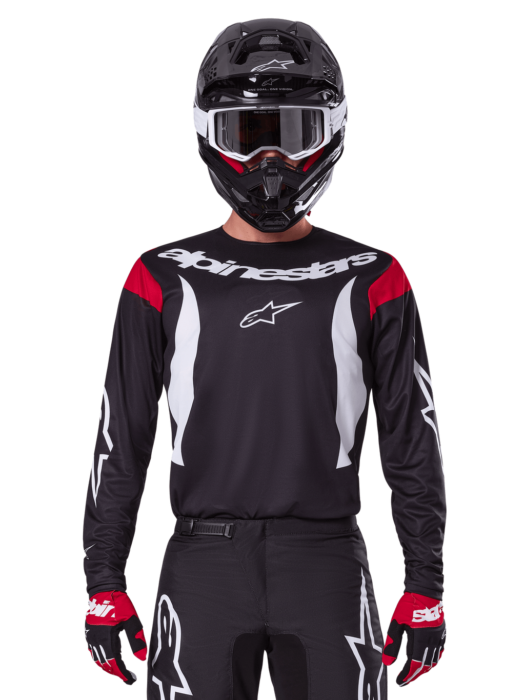 Alpinestars 2025 Fluid Haul tröja och utrustningsset, svart och vit herrmotocrossutrustning med röda detaljer.