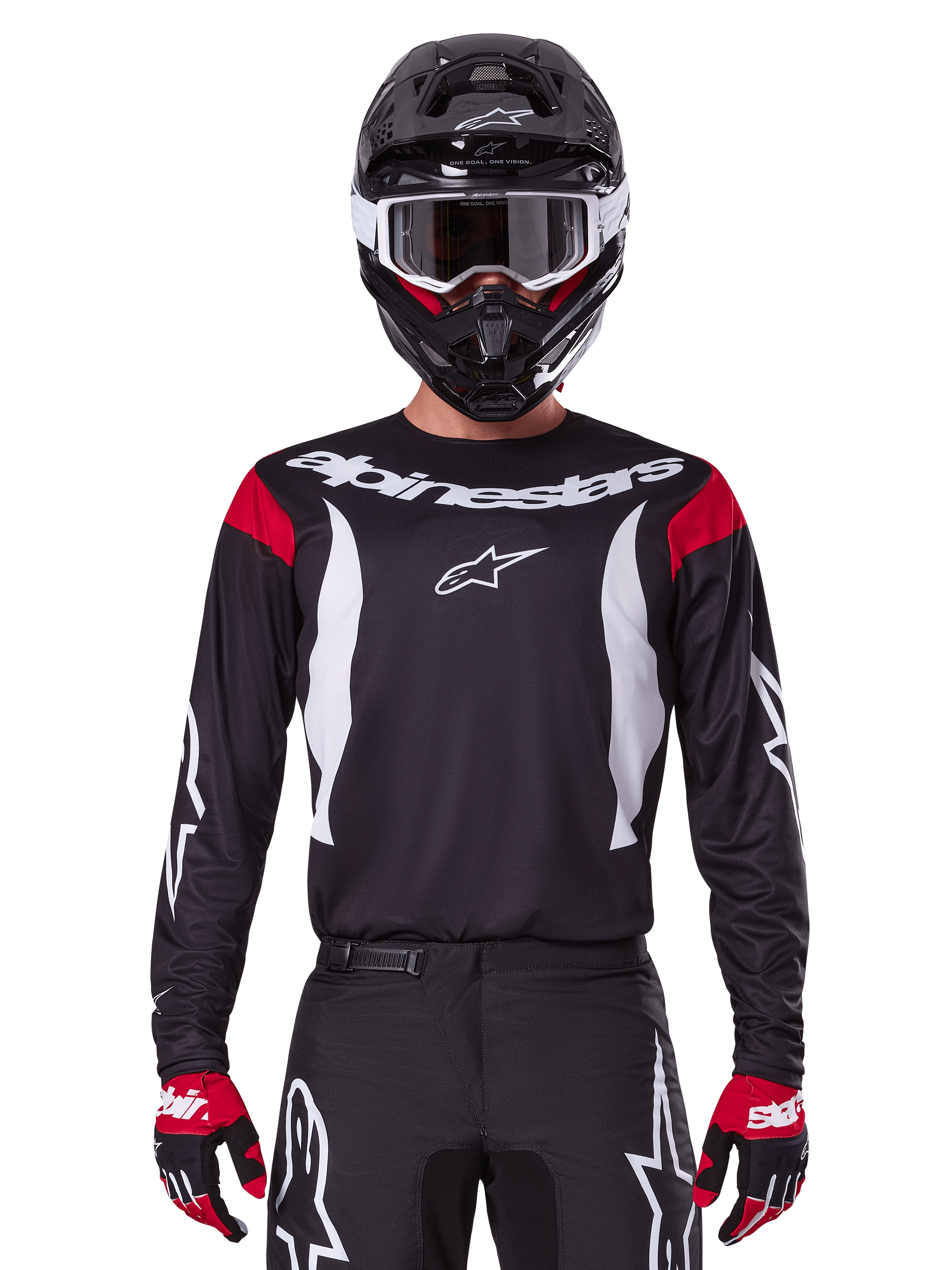 Alpinestars 2025 Fluid Haul tröja och utrustningsset, svart och vit herrmotocrossutrustning med röda detaljer.