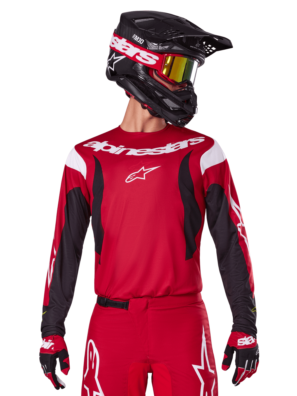 Alpinestars 2025 Fluid Haul Jersey, Motocross Jersey, Bright Red and Black, worn as part of a complete gear set with matching pants and gloves, black helmet with yellow lens goggles, white branding and logos, high-performance off-road racing apparel