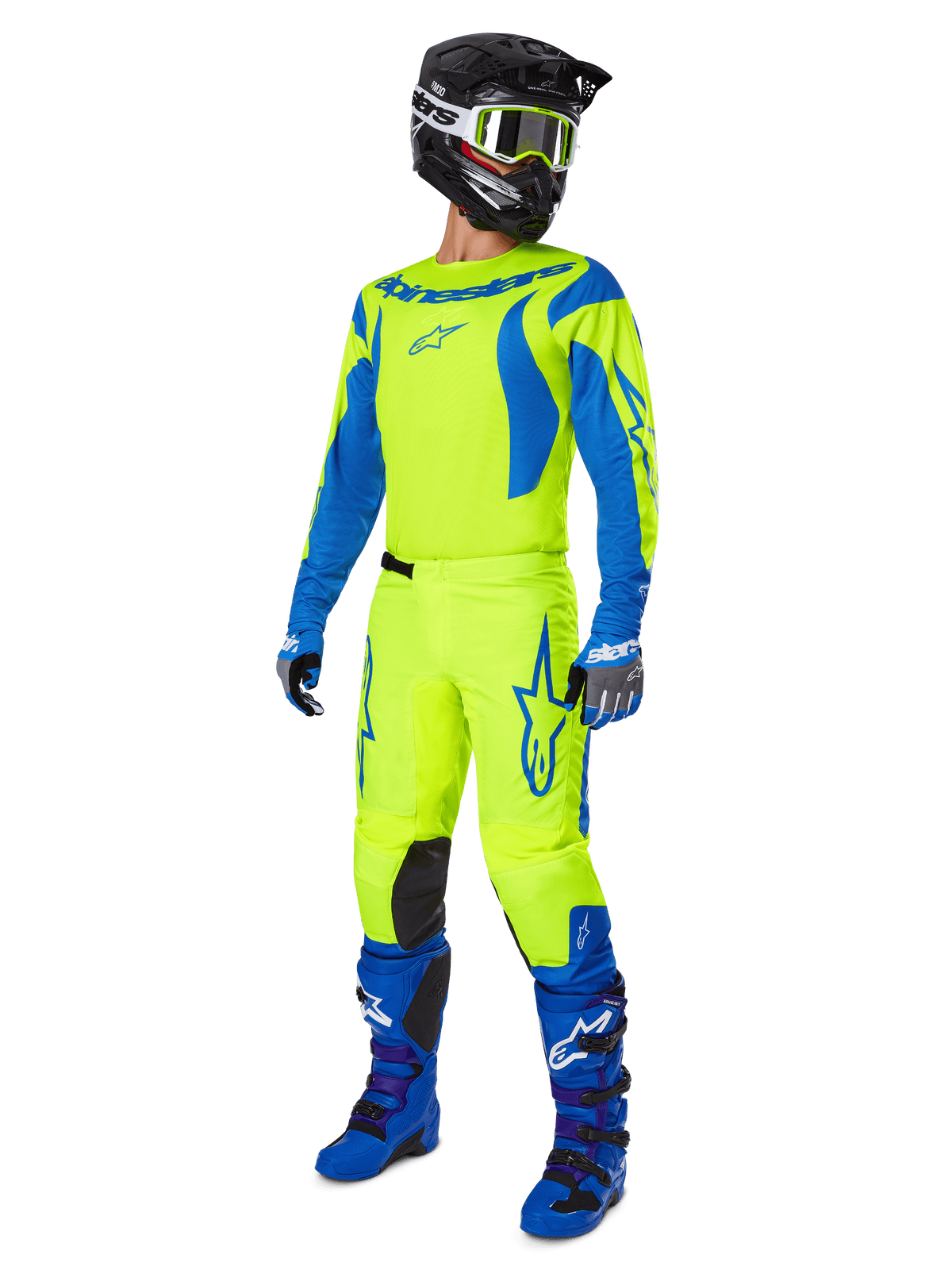 Alpinestars 2025 Fluid Haul Gear Set, komplett motocross-utrustning med neongul och blå tröja och byxor, svart hjälm, blå handskar och blå offroad-stövlar, koordinerad outfit med hög synlighet för motocross och enduro.
