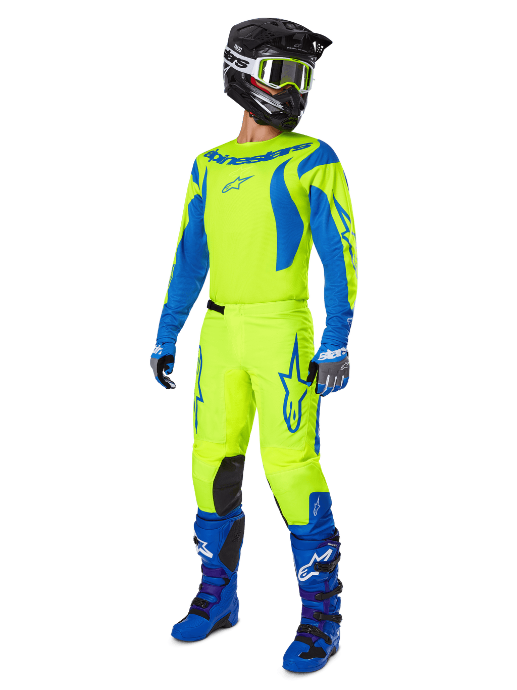 Alpinestars 2025 Fluid Haul Gear Set, full motocross racing gear with Yellow Fluo and Blue jersey and pants, black helmet, blue gloves, and blue off-road boots, high-visibility coordinated outfit for motocross and enduro.