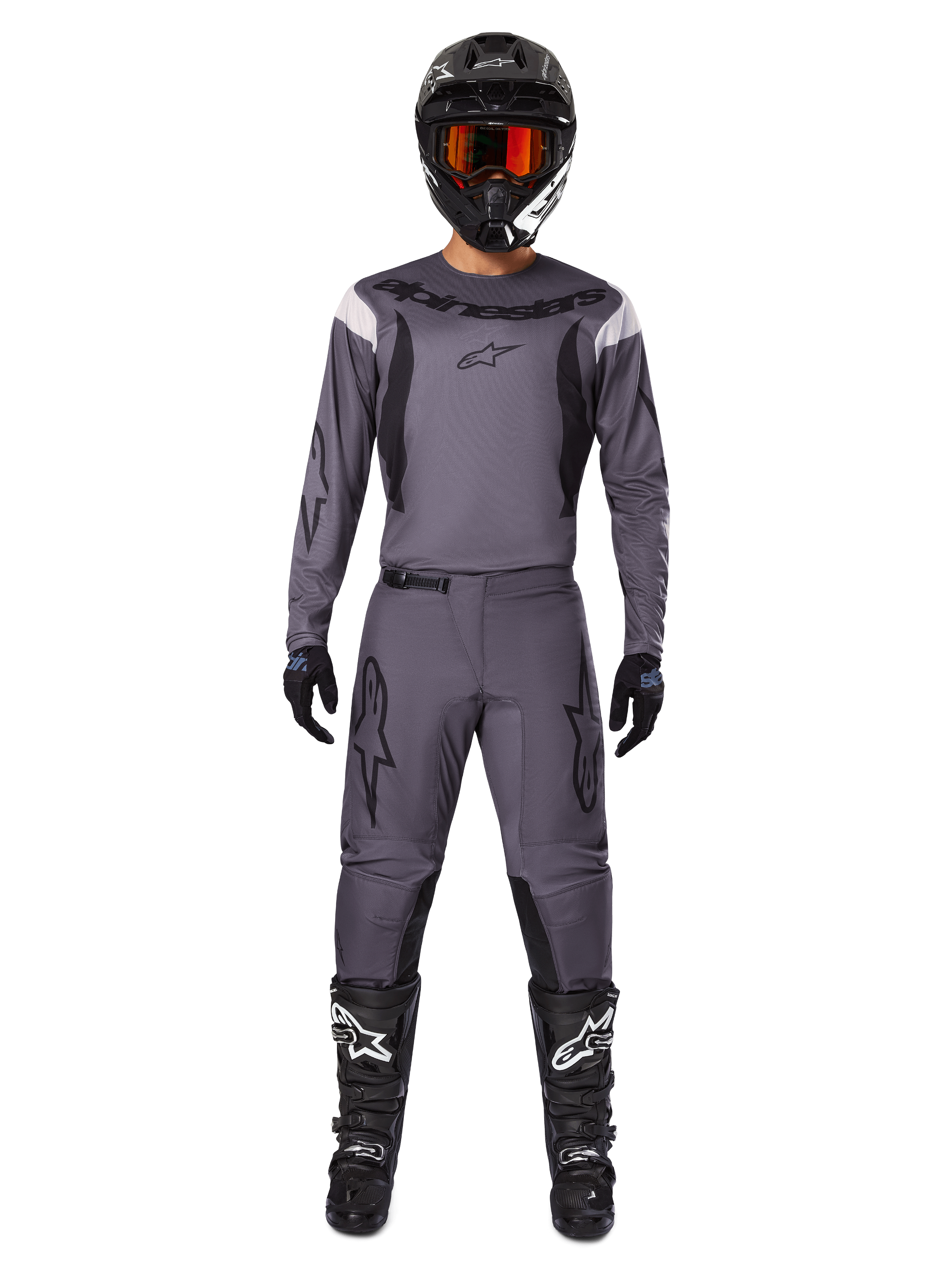 Alpinestars 2025 Fluid Haul Gear Set, Motocross gear, Gray, gray jersey and pants with black accents, black helmet with orange goggles, black boots with white logos, coordinated racing outfit for off-road performance