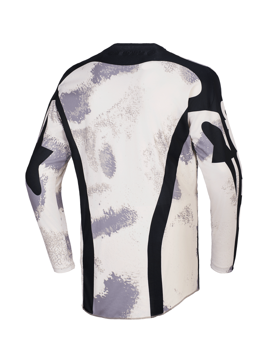 Alpinestars 2026 Racer Lahnd-tröja, motocrosströja, Sand Camo med naturvita och grå penseldragsmönster, baksida med vertikala svarta meshpaneler, svart krage och förlängt bakstycke för ökad täckning