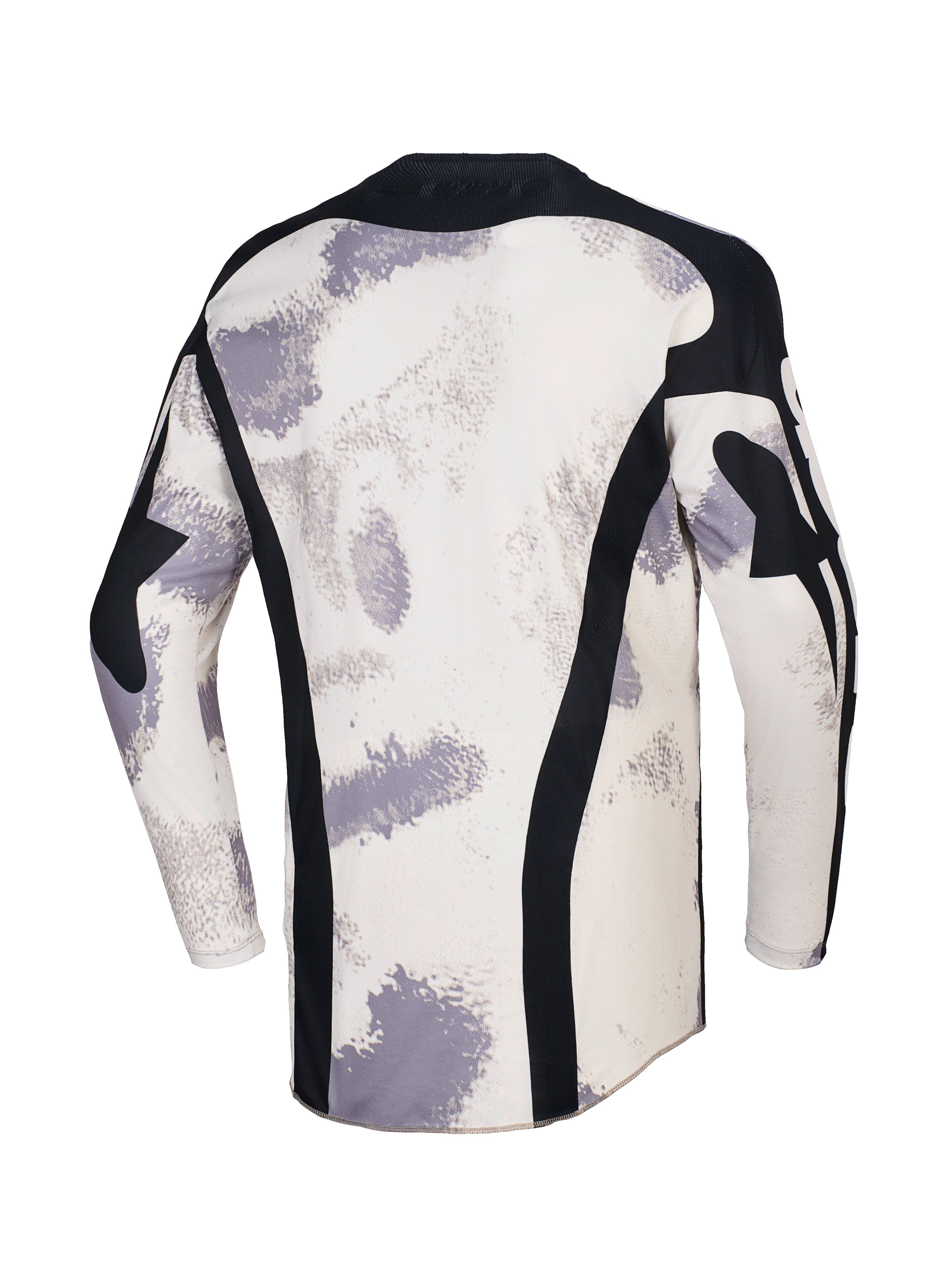 Alpinestars 2026 Racer Lahnd-tröja, motocrosströja, Sand Camo med naturvita och grå penseldragsmönster, baksida med vertikala svarta meshpaneler, svart krage och förlängt bakstycke för ökad täckning