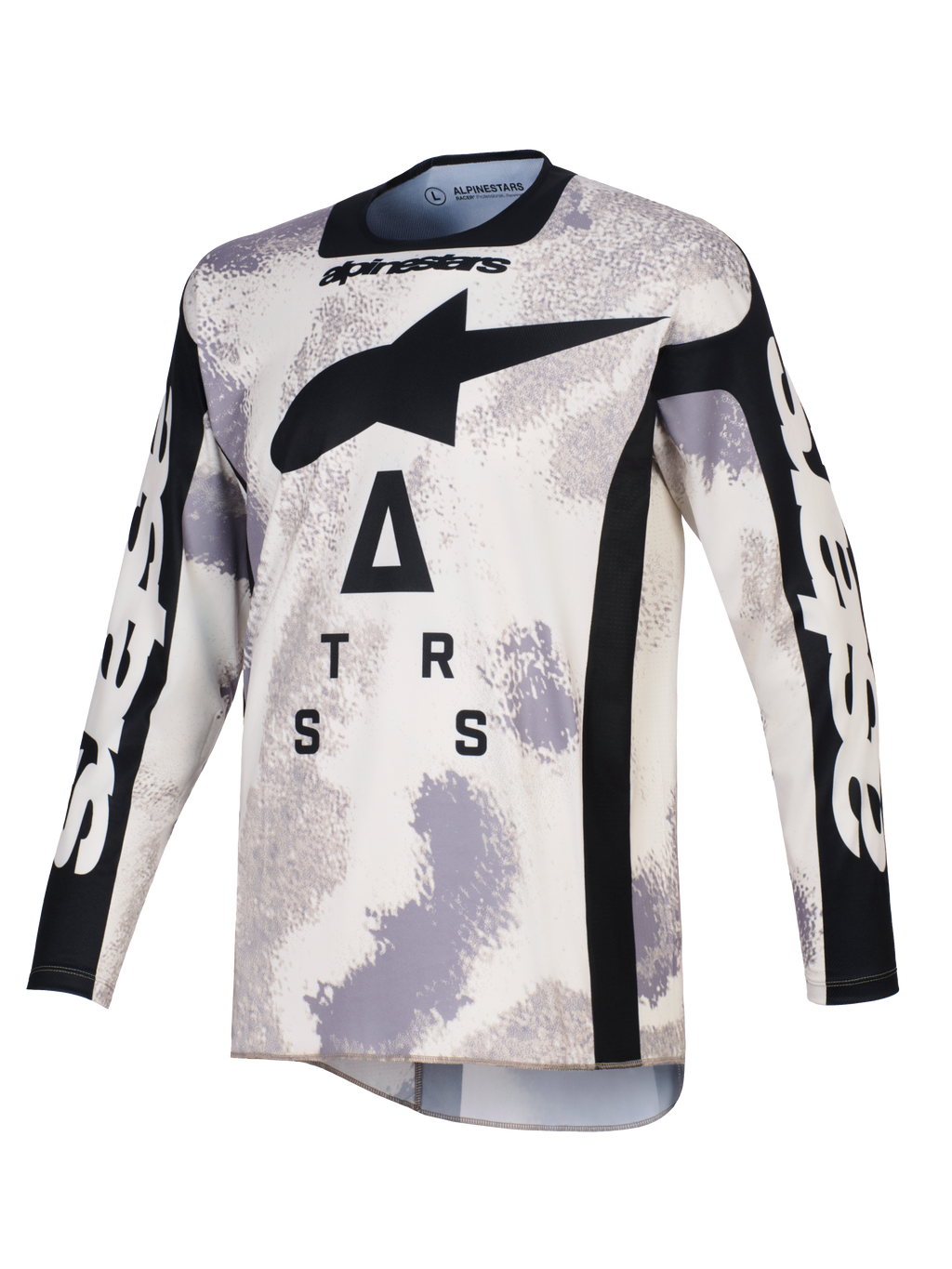 Alpinestars 2026 Racer Lahnd tröja, motocrosströja, Sand Camo i grått och vitt, med en stor svart A-star-logotyp och stiliserad text på bröstet, svart rund halsringning och sidopaneler, långa ärmar med vit branding, professionell racingutrustning för terrängkörning.