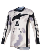 Alpinestars 2026 Racer Lahnd tröja, motocrosströja, Sand Camo i grått och vitt, med en stor svart A-star-logotyp och stiliserad text på bröstet, svart rund halsringning och sidopaneler, långa ärmar med vit branding, professionell racingutrustning för terrängkörning.