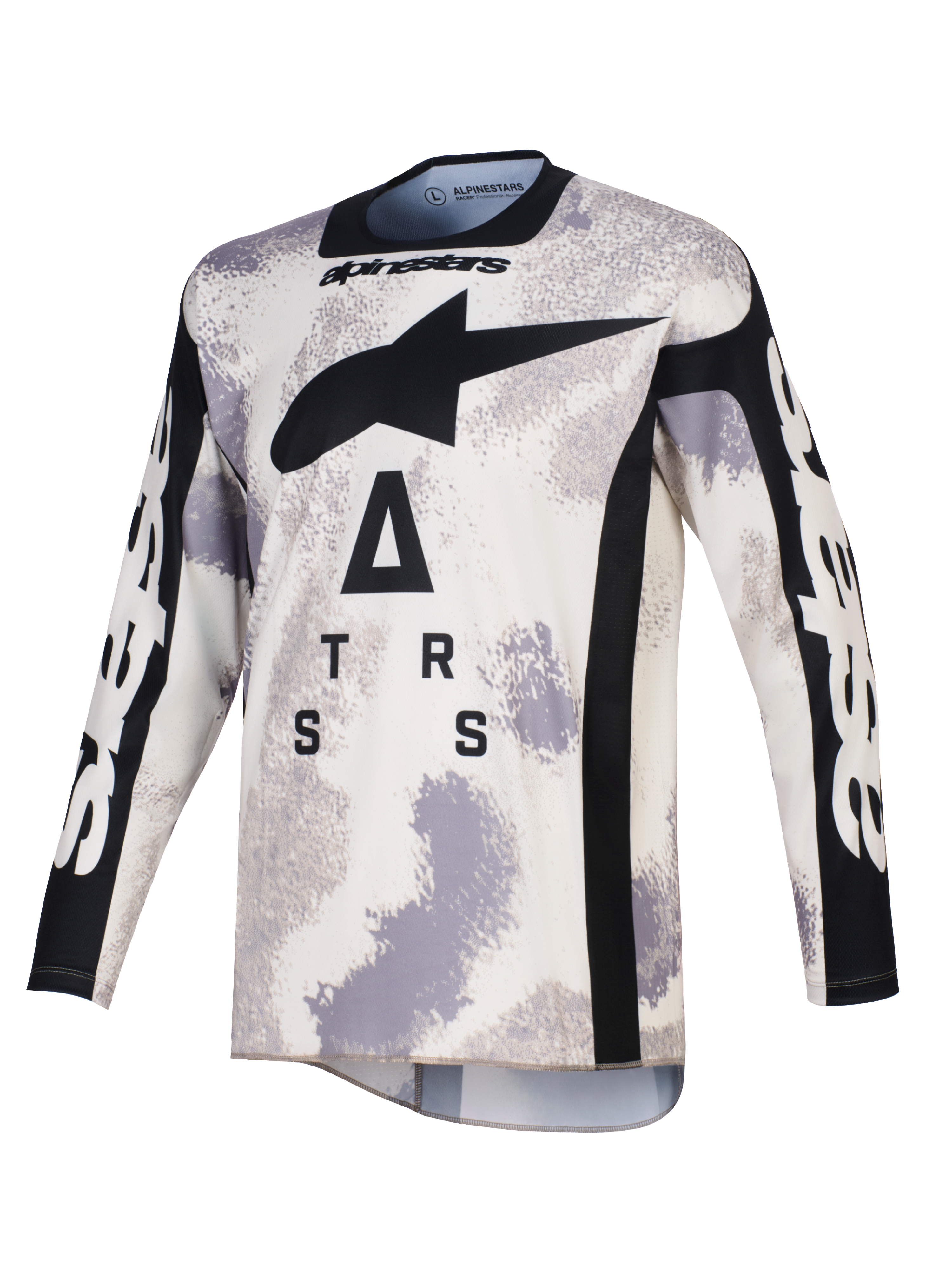 Alpinestars 2026 Racer Lahnd tröja, motocrosströja, Sand Camo i grått och vitt, med en stor svart A-star-logotyp och stiliserad text på bröstet, svart rund halsringning och sidopaneler, långa ärmar med vit branding, professionell racingutrustning för terrängkörning.