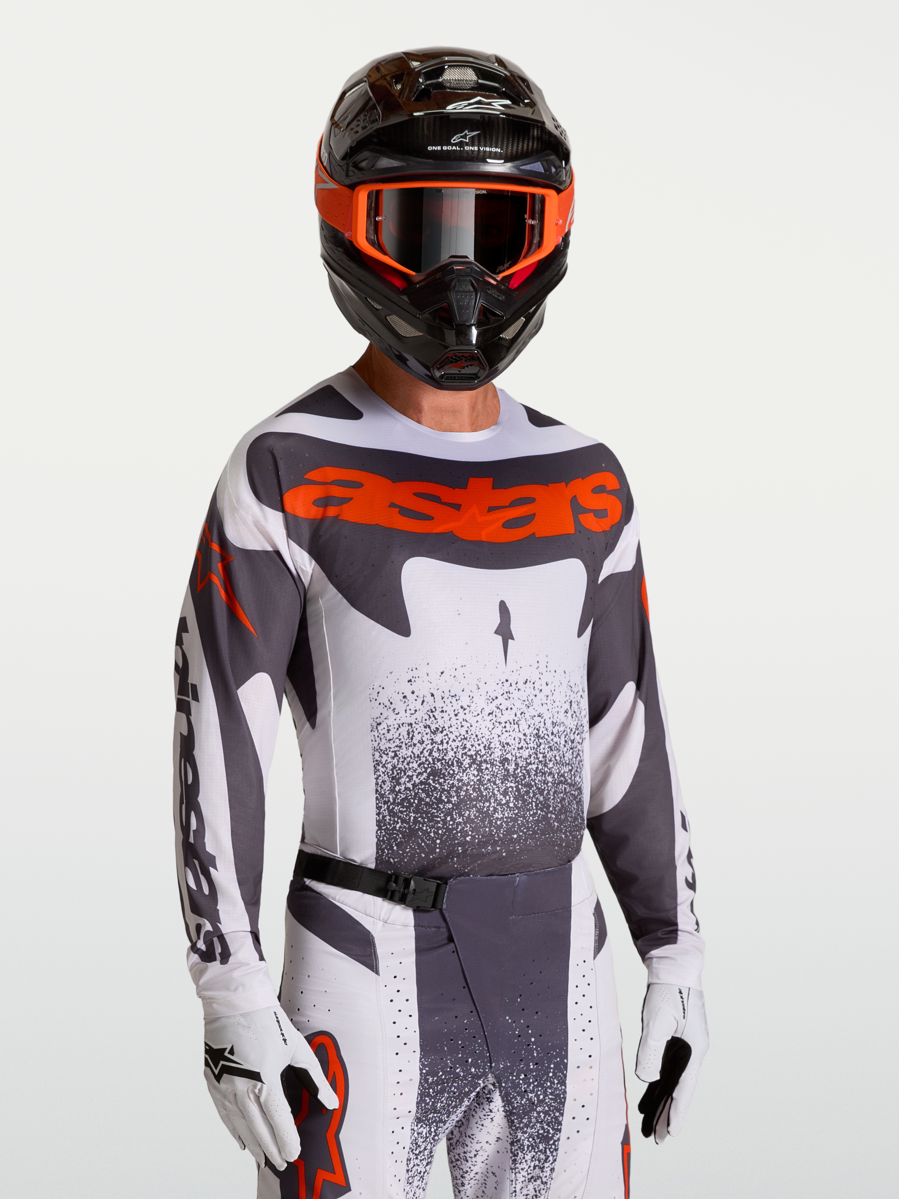 Alpinestars Techstar Swan tröja, motocrosströja för herrar, grå och röd fluo, racingpassform med stretch och laserperforerad ventilation.