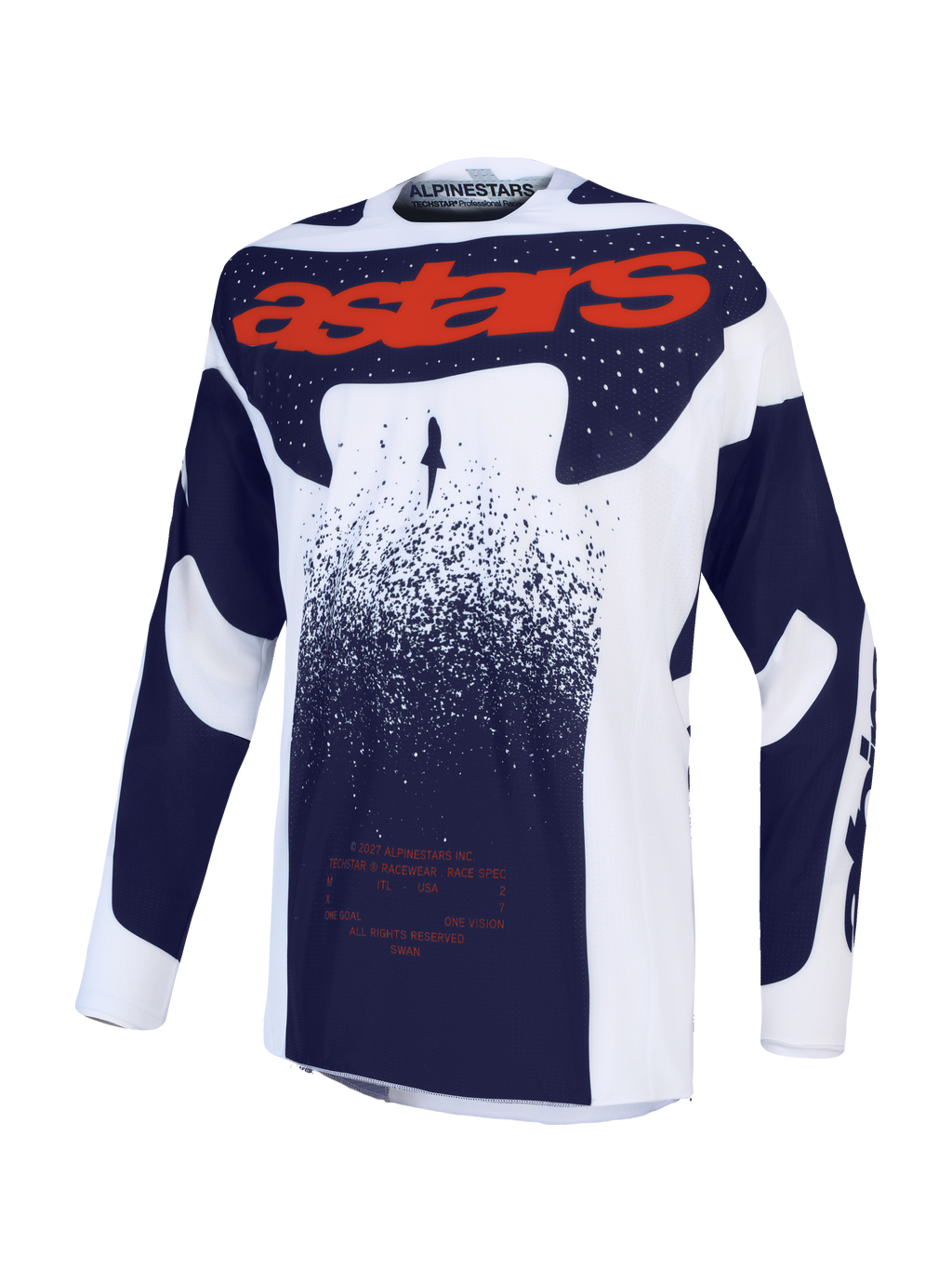 Alpinestars Techstar Swan tröja, atletisk motocrosströja för terrängkörning, ljuslila, mörkgrå och fluorescerande röd, med stor röd astars-logotyp på bröstet och laserperforeringar för optimal ventilation.