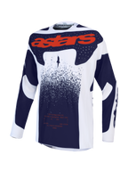 Alpinestars Techstar Swan tröja, atletisk motocrosströja för terrängkörning, ljuslila, mörkgrå och fluorescerande röd, med stor röd astars-logotyp på bröstet och laserperforeringar för optimal ventilation.