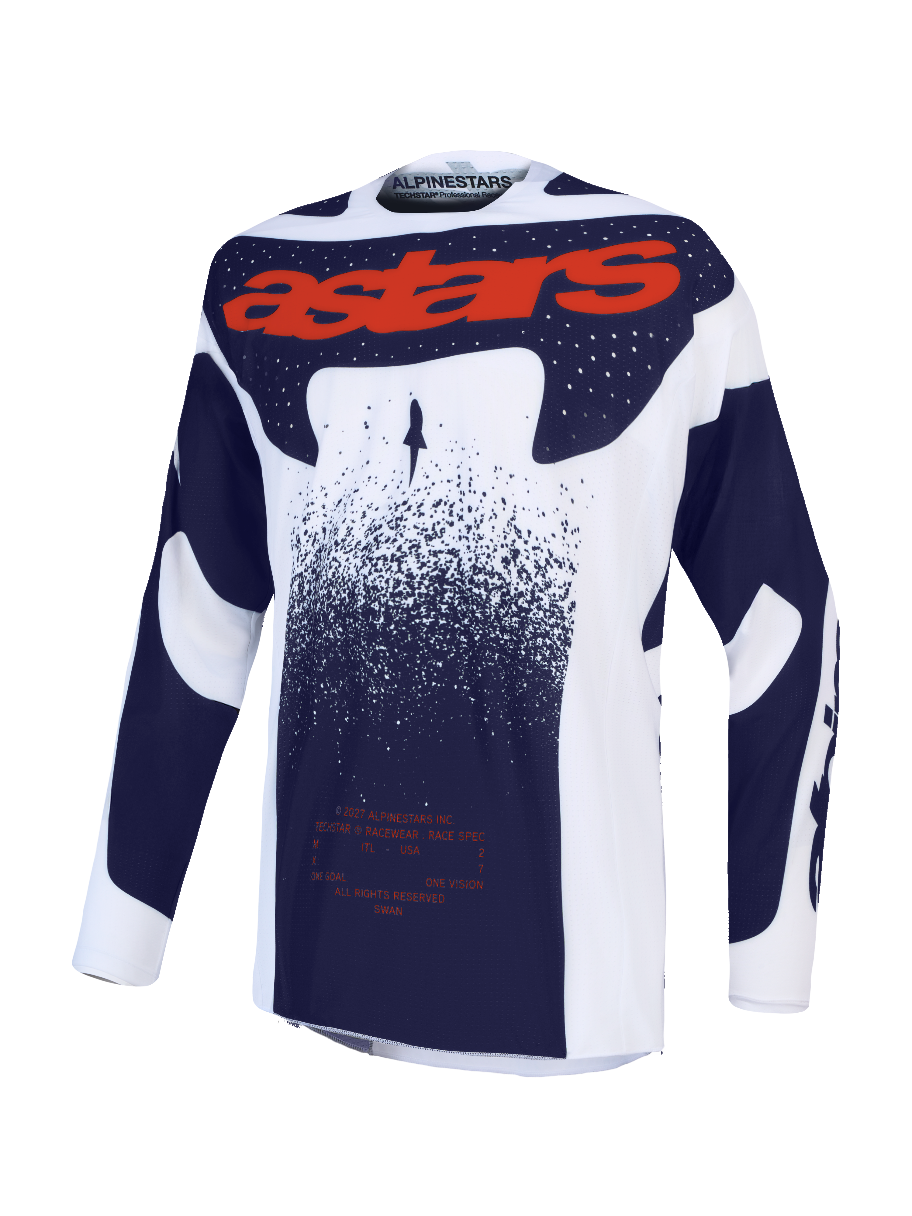 Alpinestars Techstar Swan tröja, atletisk motocrosströja för terrängkörning, ljuslila, mörkgrå och fluorescerande röd, med stor röd astars-logotyp på bröstet och laserperforeringar för optimal ventilation.