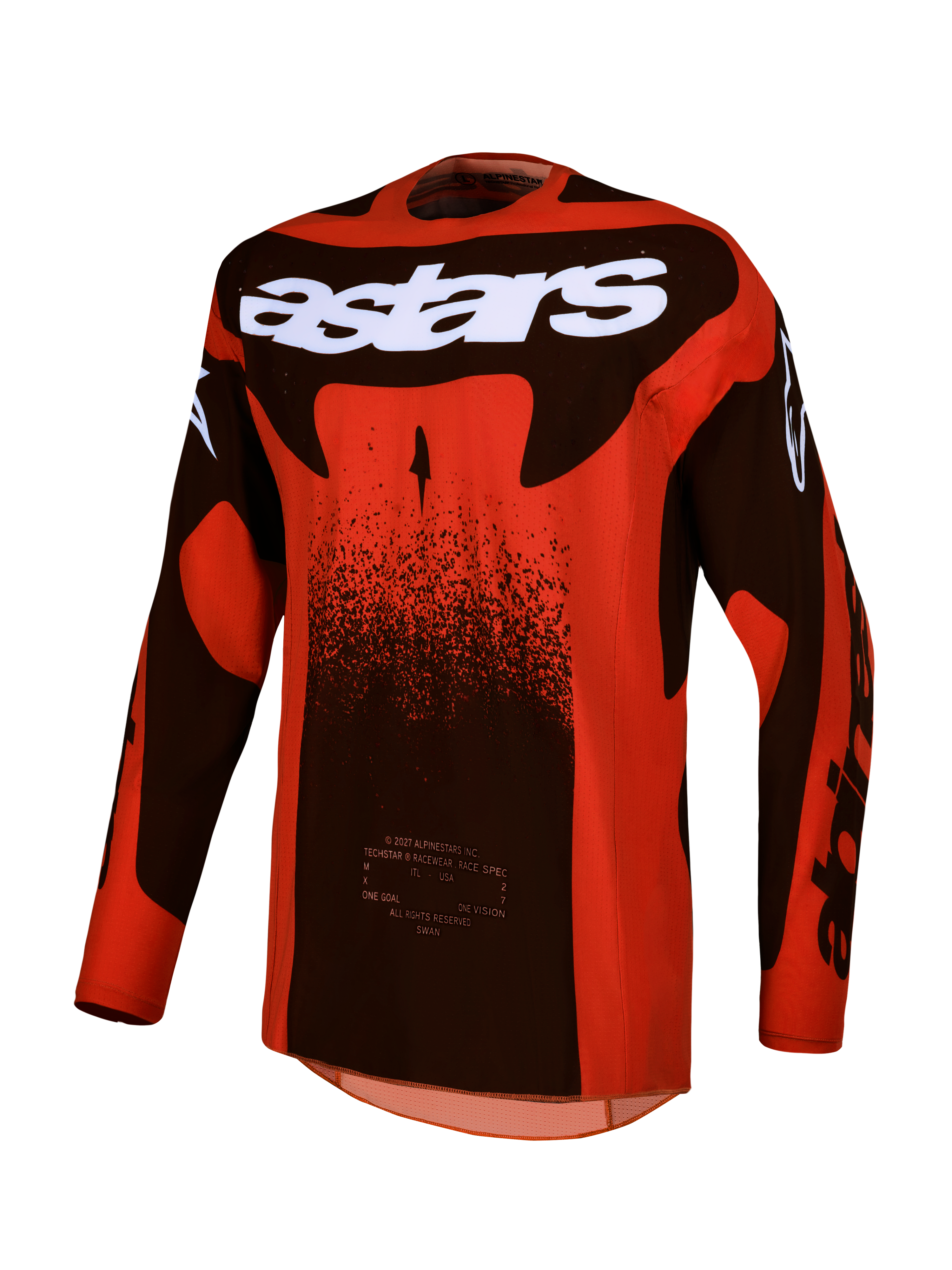 Alpinestars Techstar Swan tröja, motocrosströja för herr, röd och svart, lätt stretchtyg, vit astars-logotyp på bröstet, racingpassform för terrängkörning
