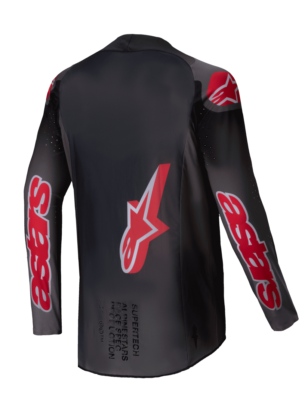 Alpinestars 2025 Supertech Lipan tröja, motocross offroad-tröja, rökfärgad och klarröd, lätt stretchmesh med perforerad ventilation, bakifrån